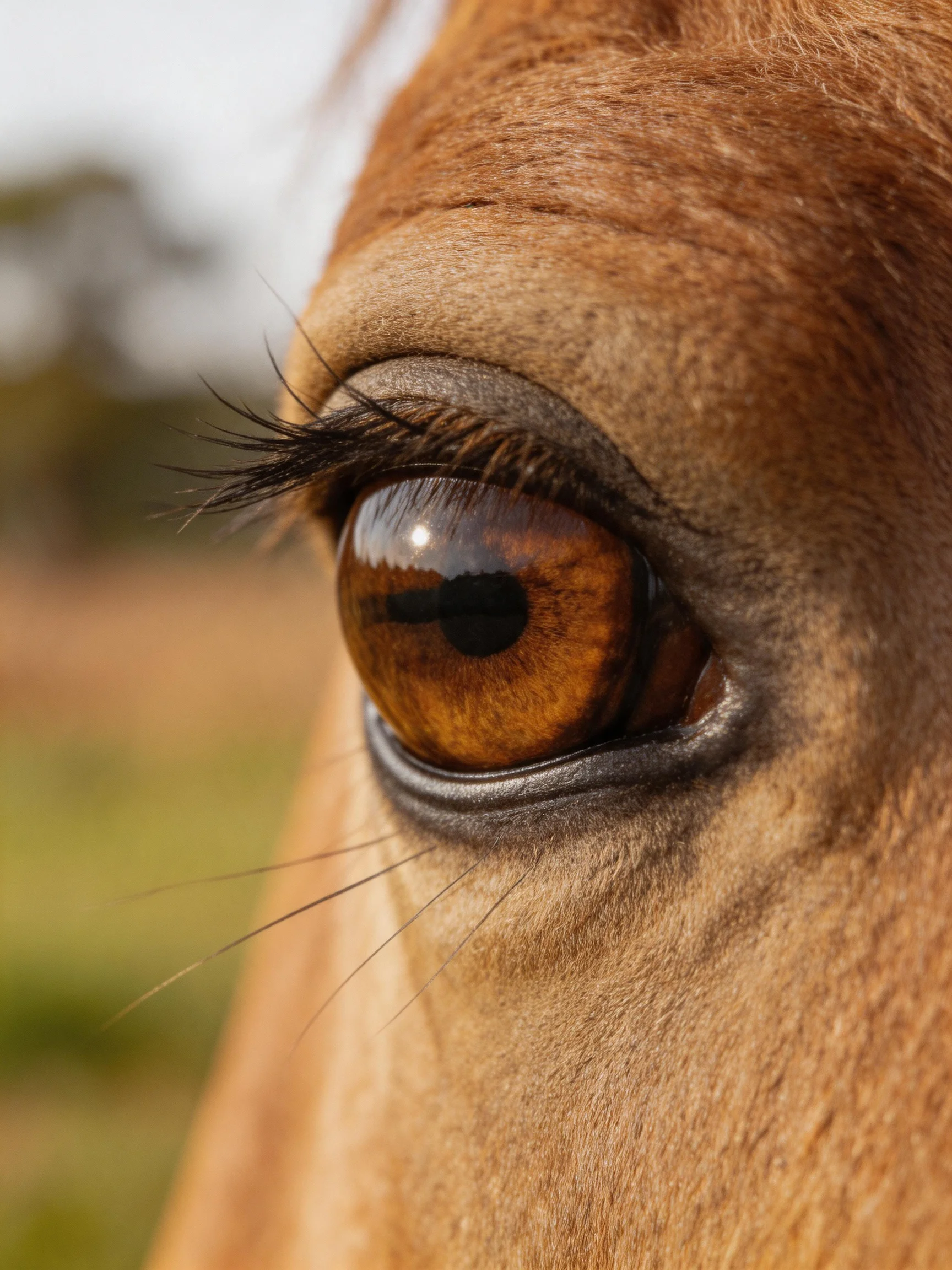 Close - up of a horse’s amber eye with textured brown skin