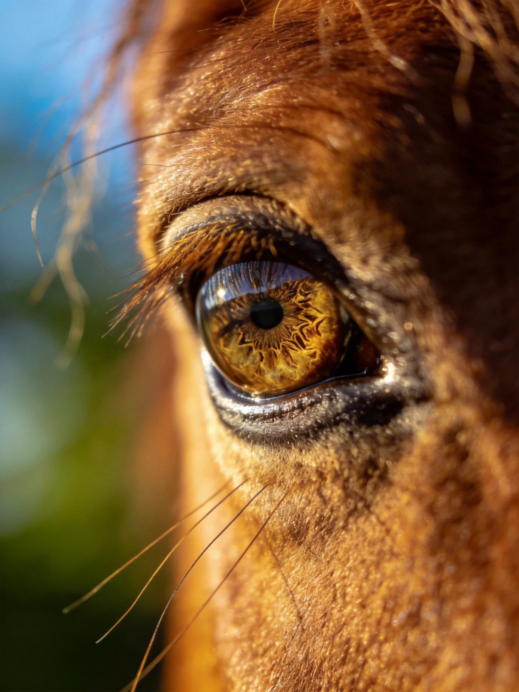 Close - up of a horse’s amber eye with textured facial fur