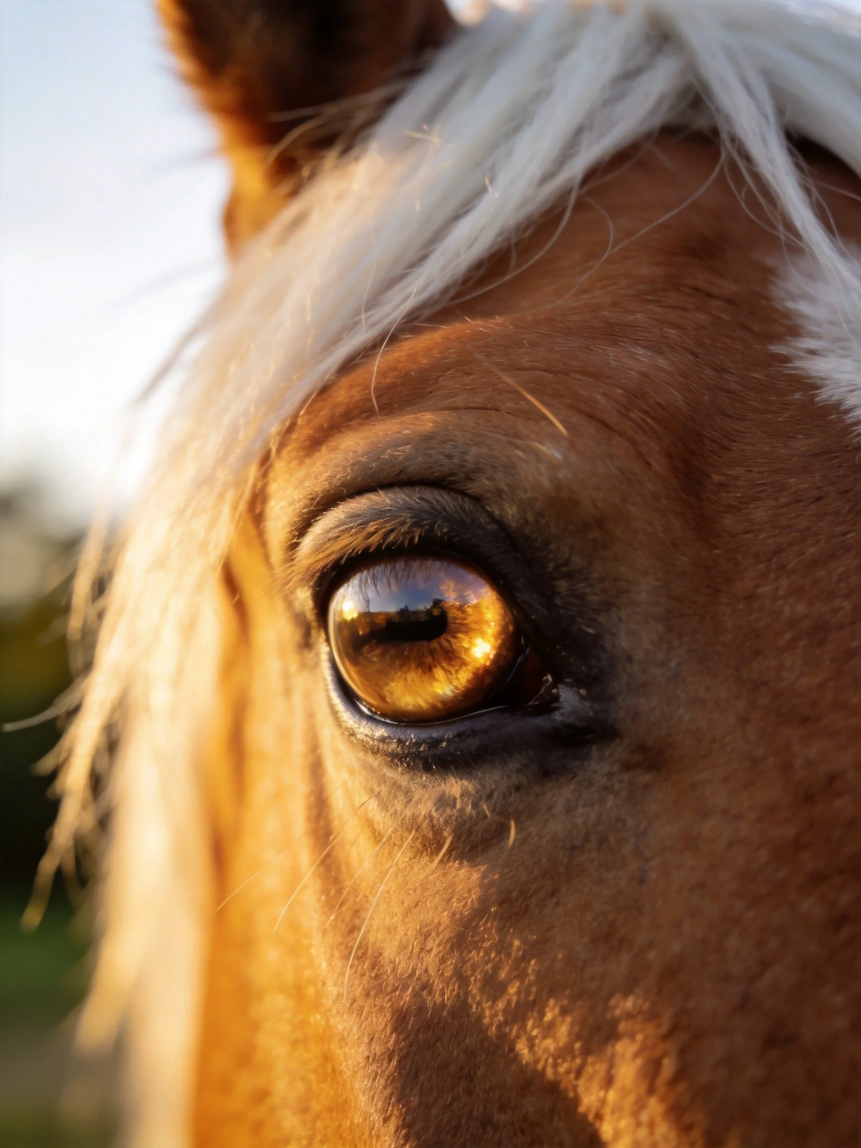 Close - up of a horse’s amber eye with white mane and golden reflection