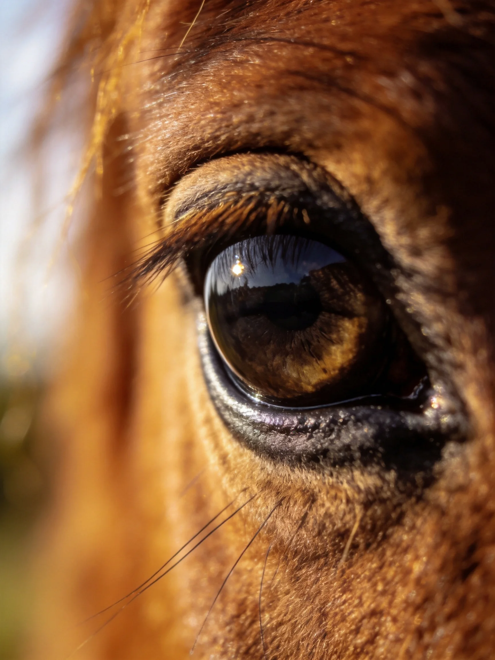 Close - up of a horse’s brown eye with detailed fur and reflective surface