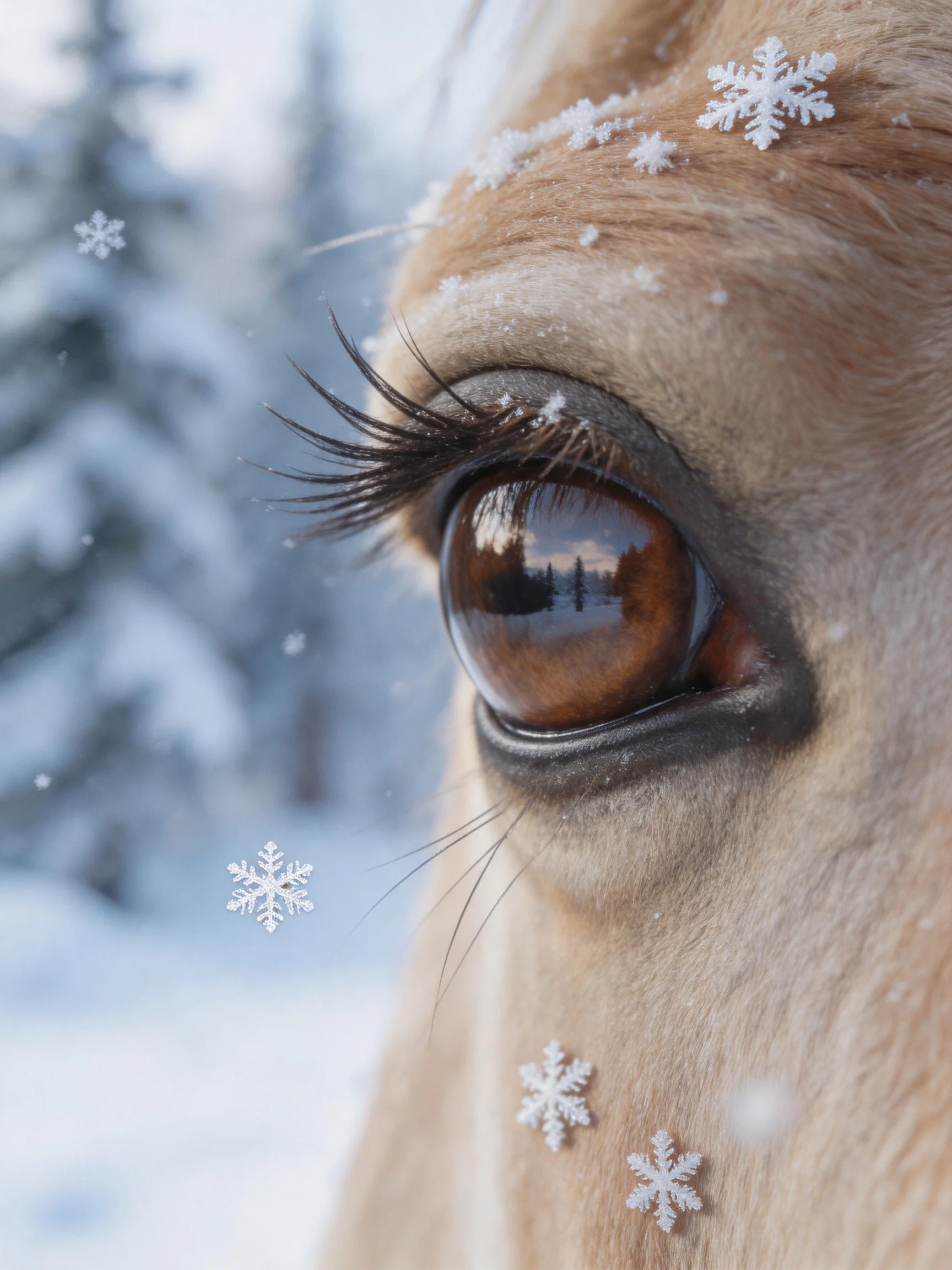Close - up of a horse’s brown eye with snowflakes in a winter landscape