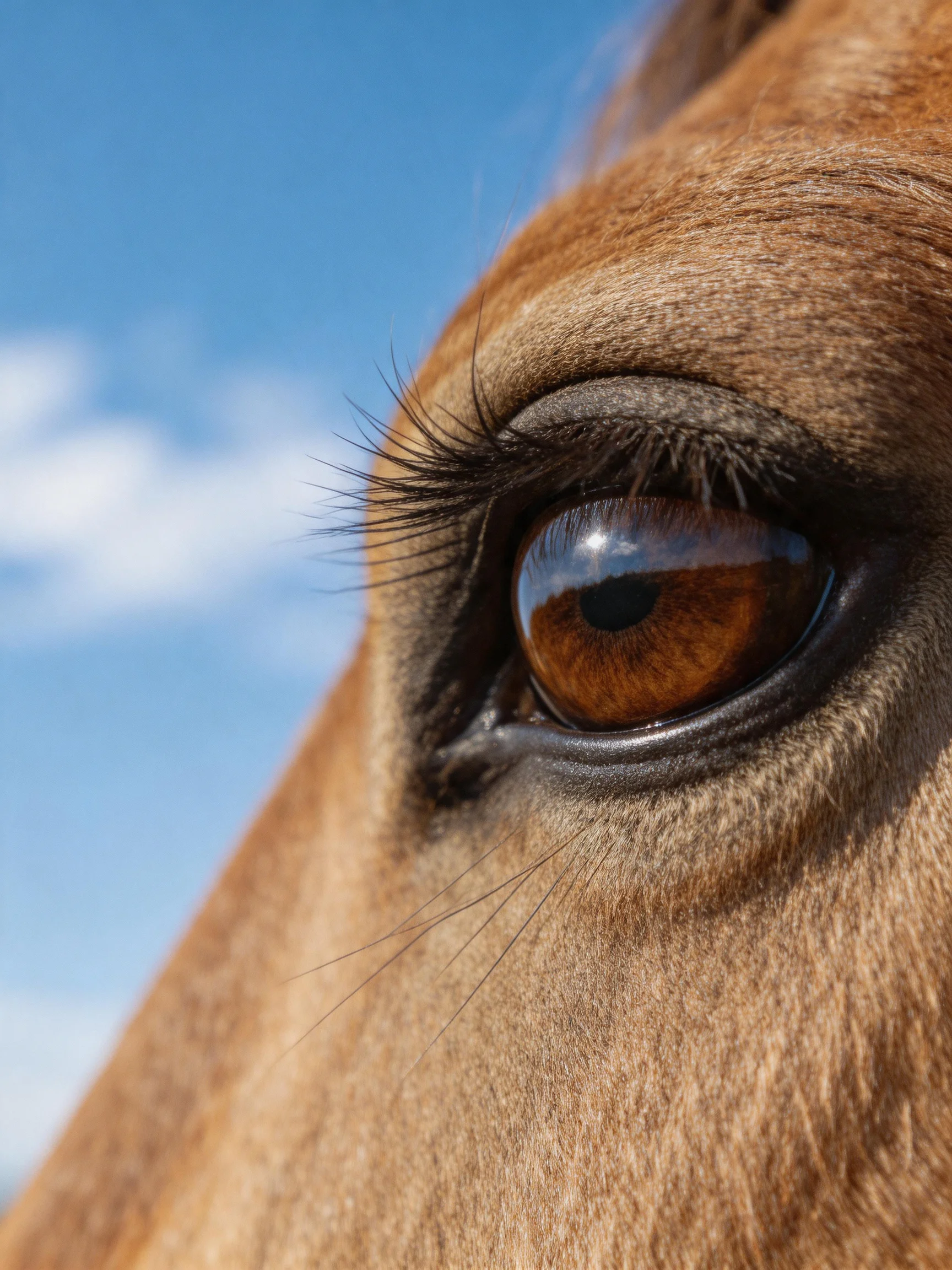 A close - up of a horse’s eye with blue sky in the background.