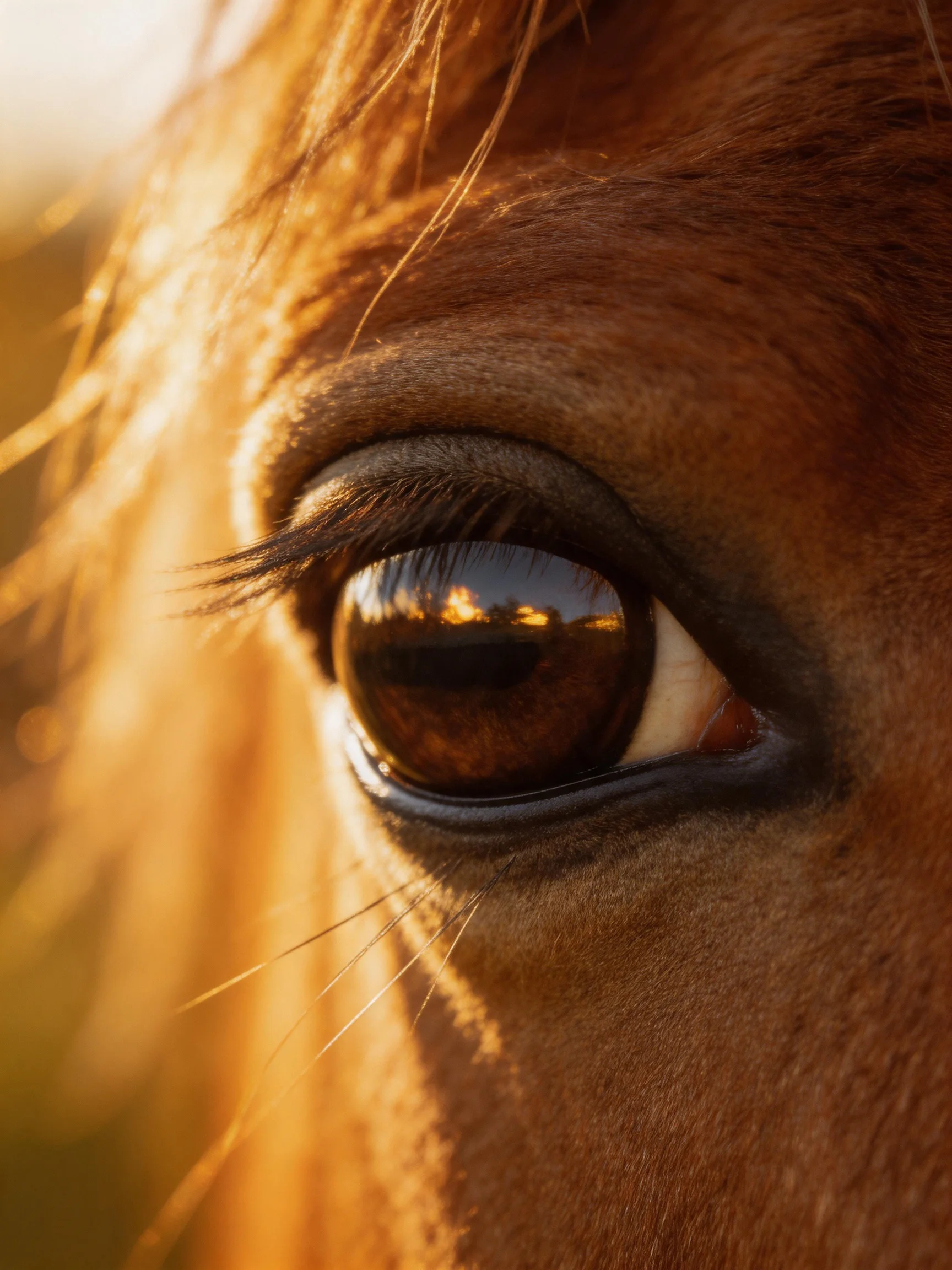Close - up of a horse’s chestnut eye with warm golden illumination