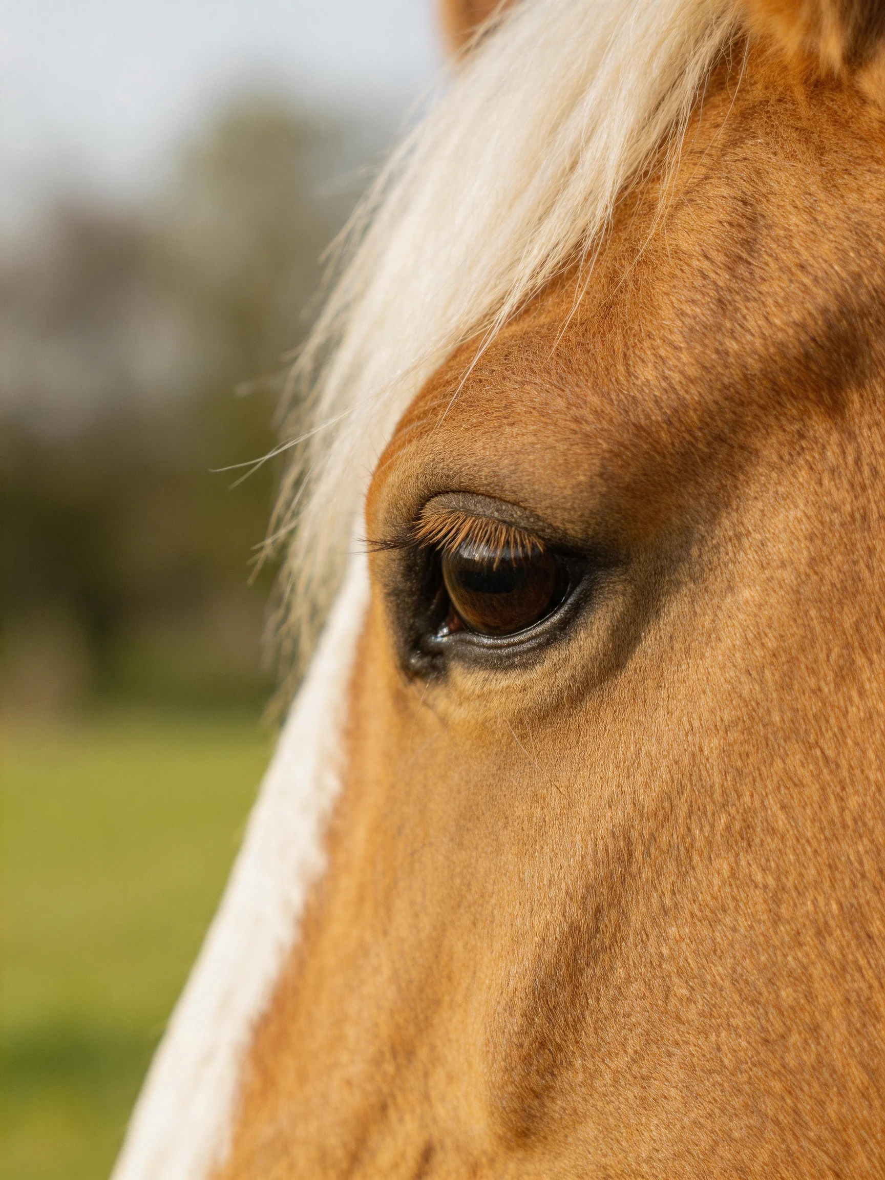 Close - up of a horse’s eye with golden coat and white mane