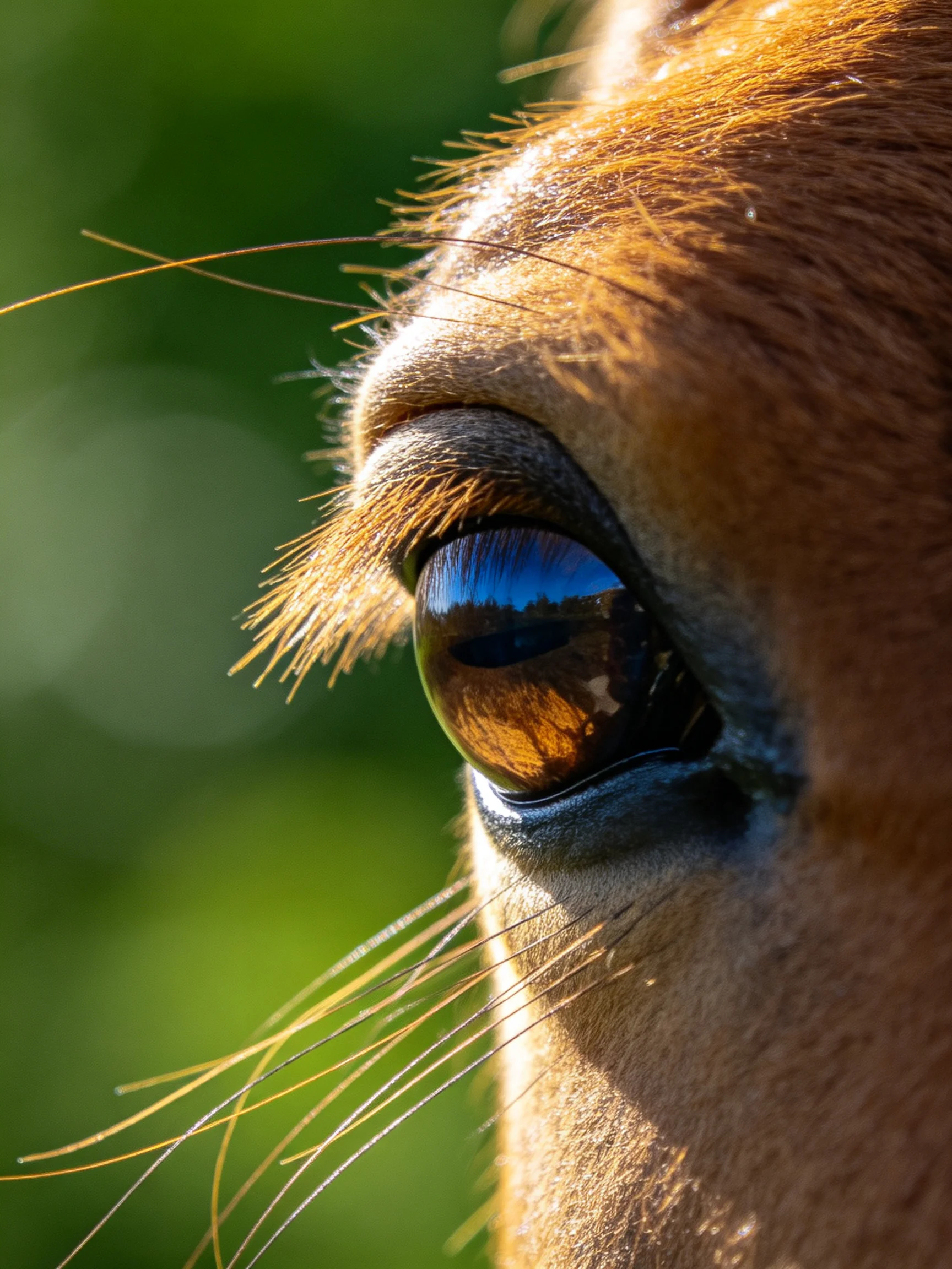 Close - up of a horse’s eye with golden fur and blue reflection