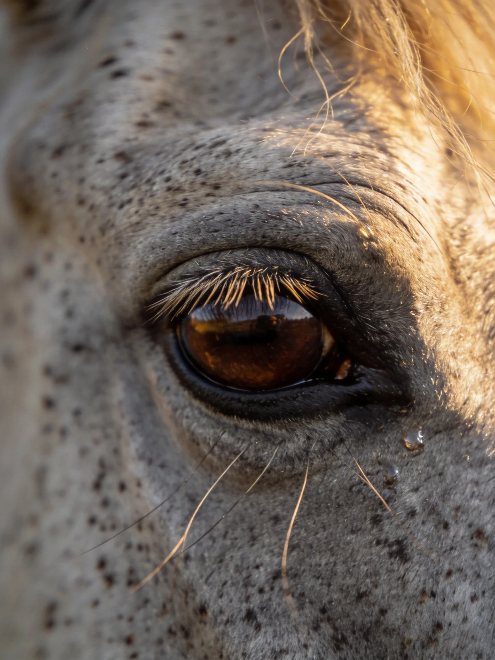 A close - up highlights a horse’s eye and textured facial details.