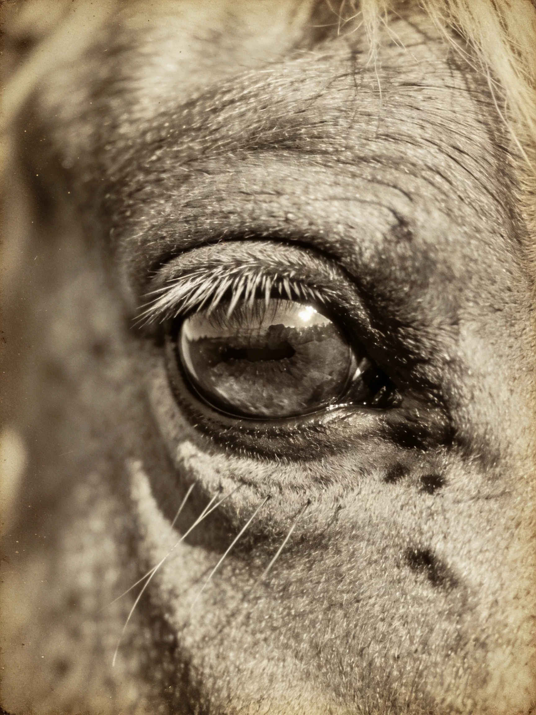 Close - up of a horse’s eye with textured skin and reflective surface