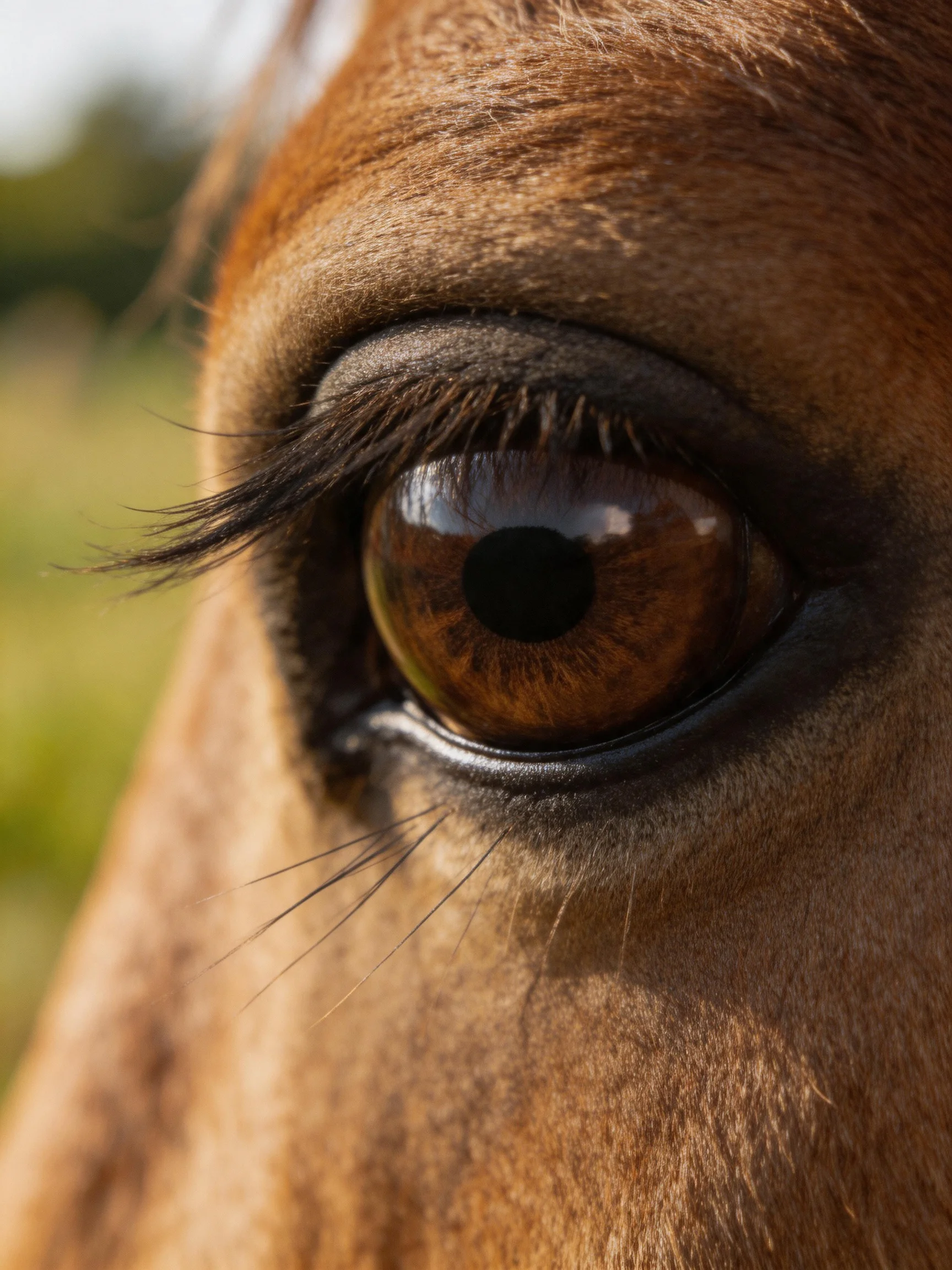 Close - up of a horse’s large brown eye with detailed fur surroundings