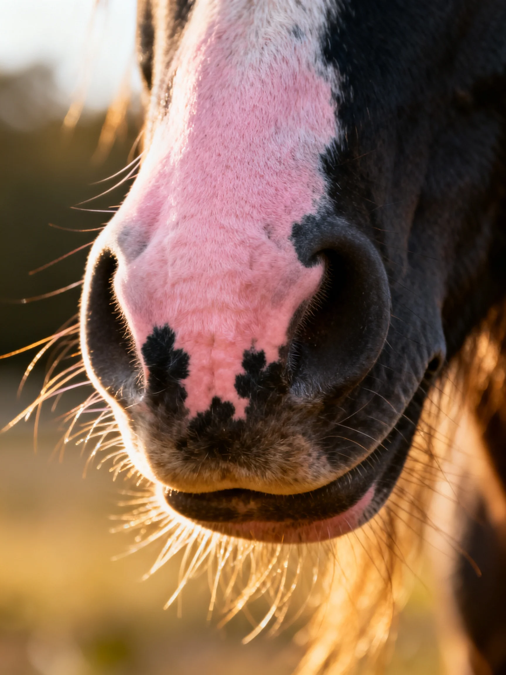 Close - up shows a horse’s muzzle with pink and dark markings.