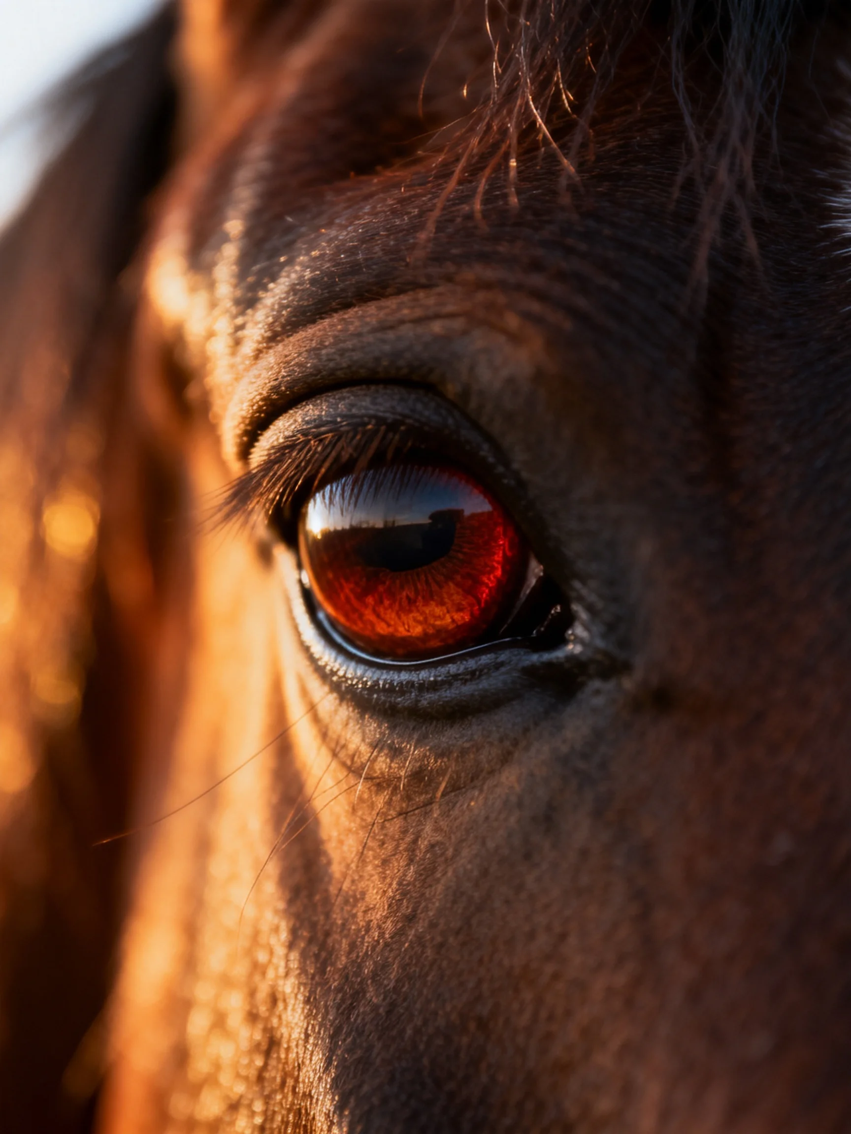 Close - up of a horse’s vivid red eye and textured brown skin