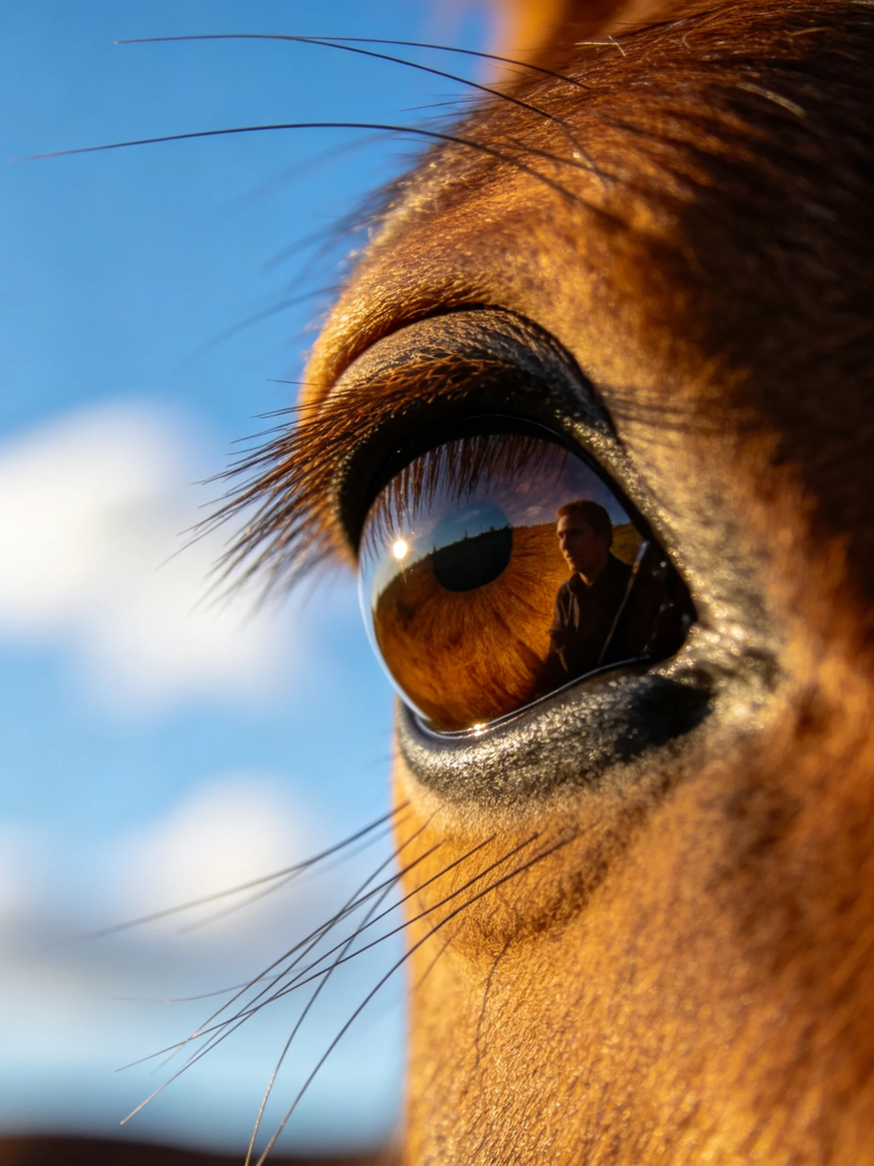 Close - up of a horses amber eye reflecting a figure amid clear blue sky
