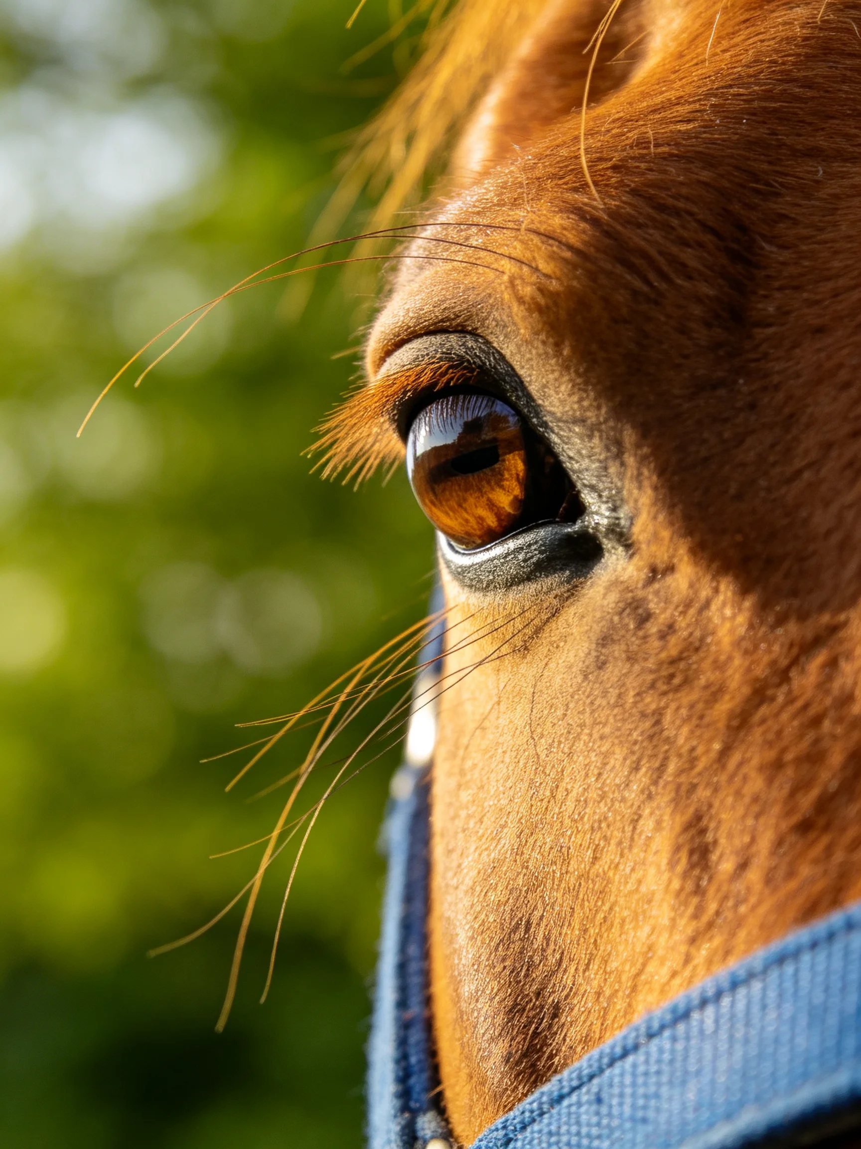Close - up of a horses amber eye with blue headgear