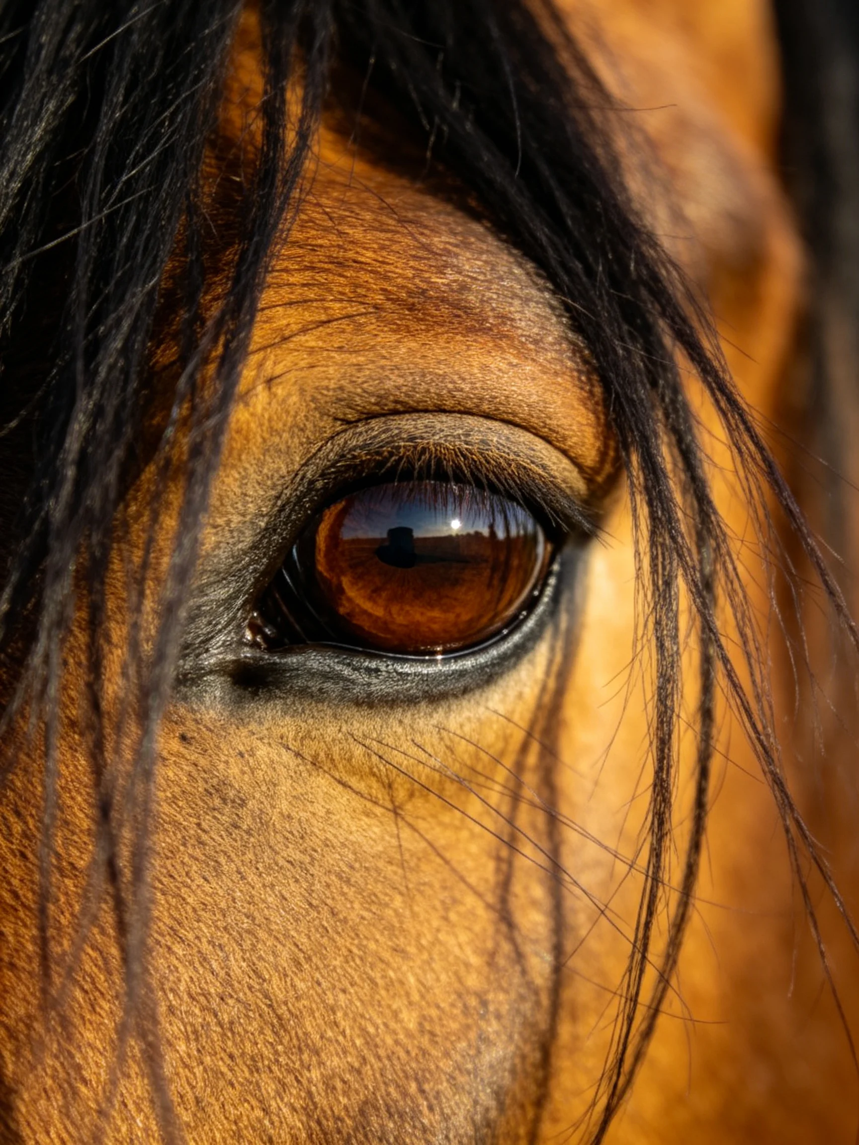 Close - up of a horses amber eye with dark mane and golden fur