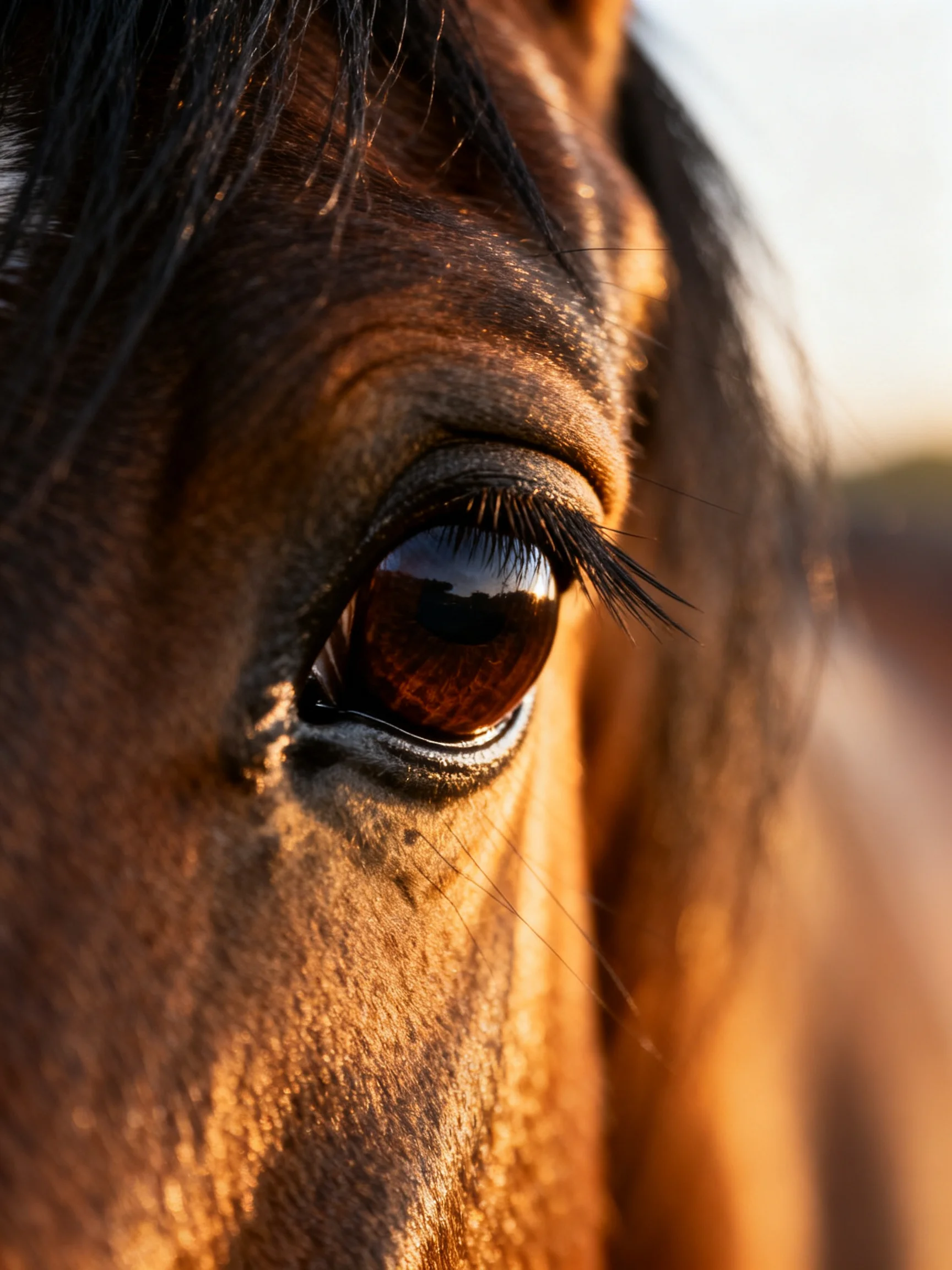 Close - up of a horses amber eye with dark mane and warm lighting