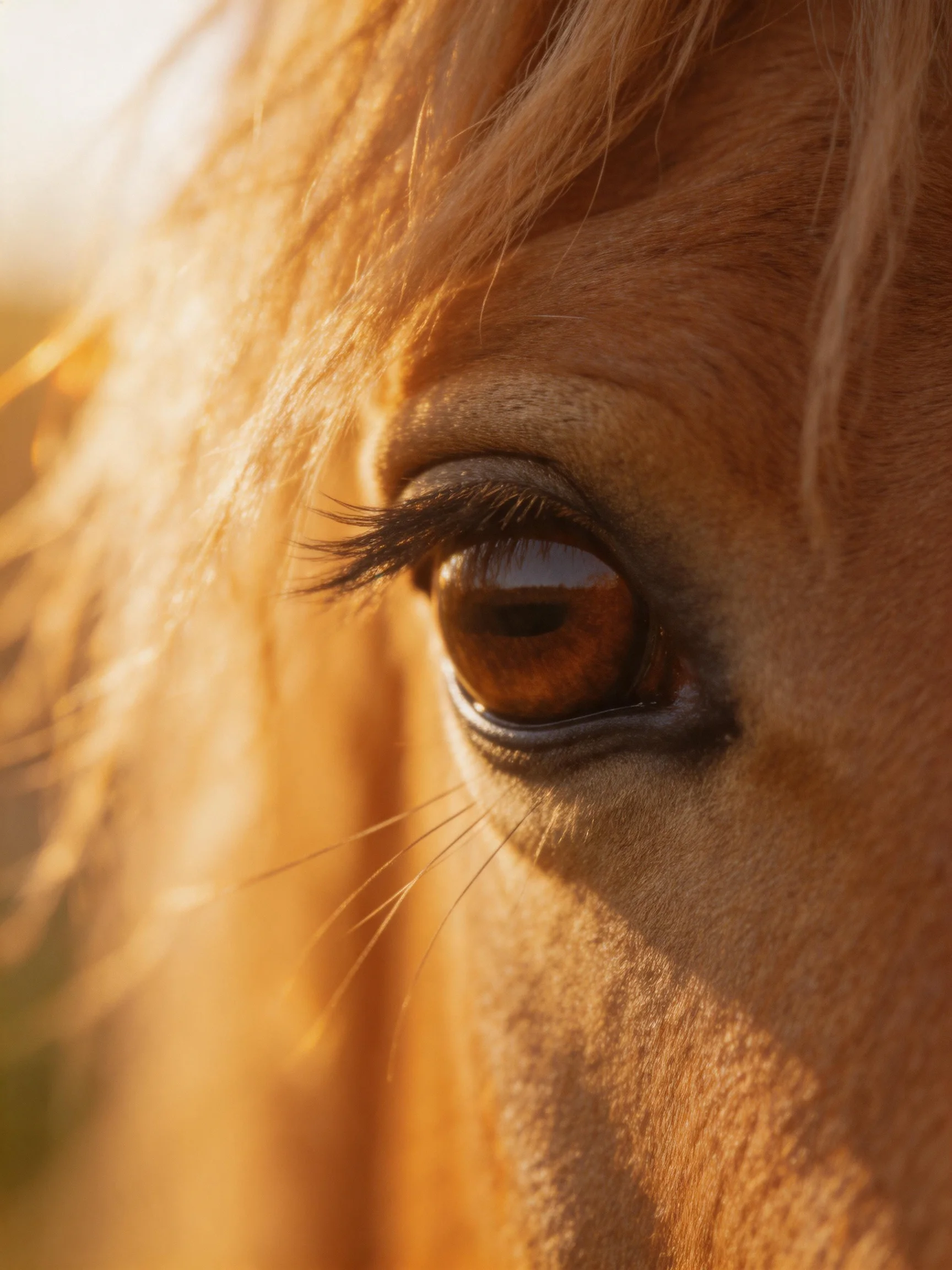 Close - up of a horses amber eye with golden fur and warm lighting