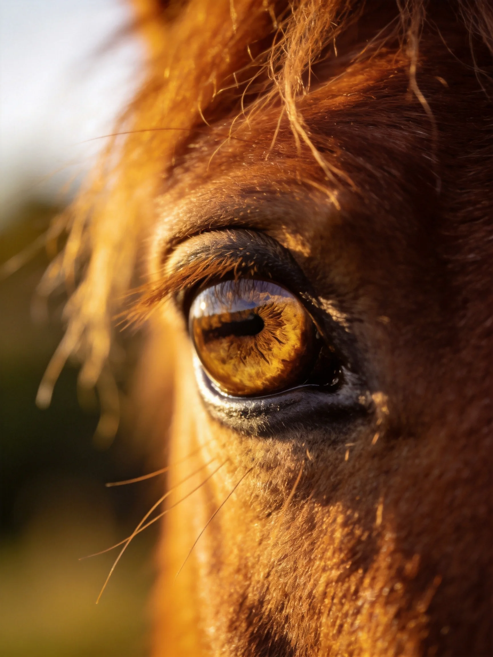 Close - up of a horses amber eye with golden fur and warm lighting
