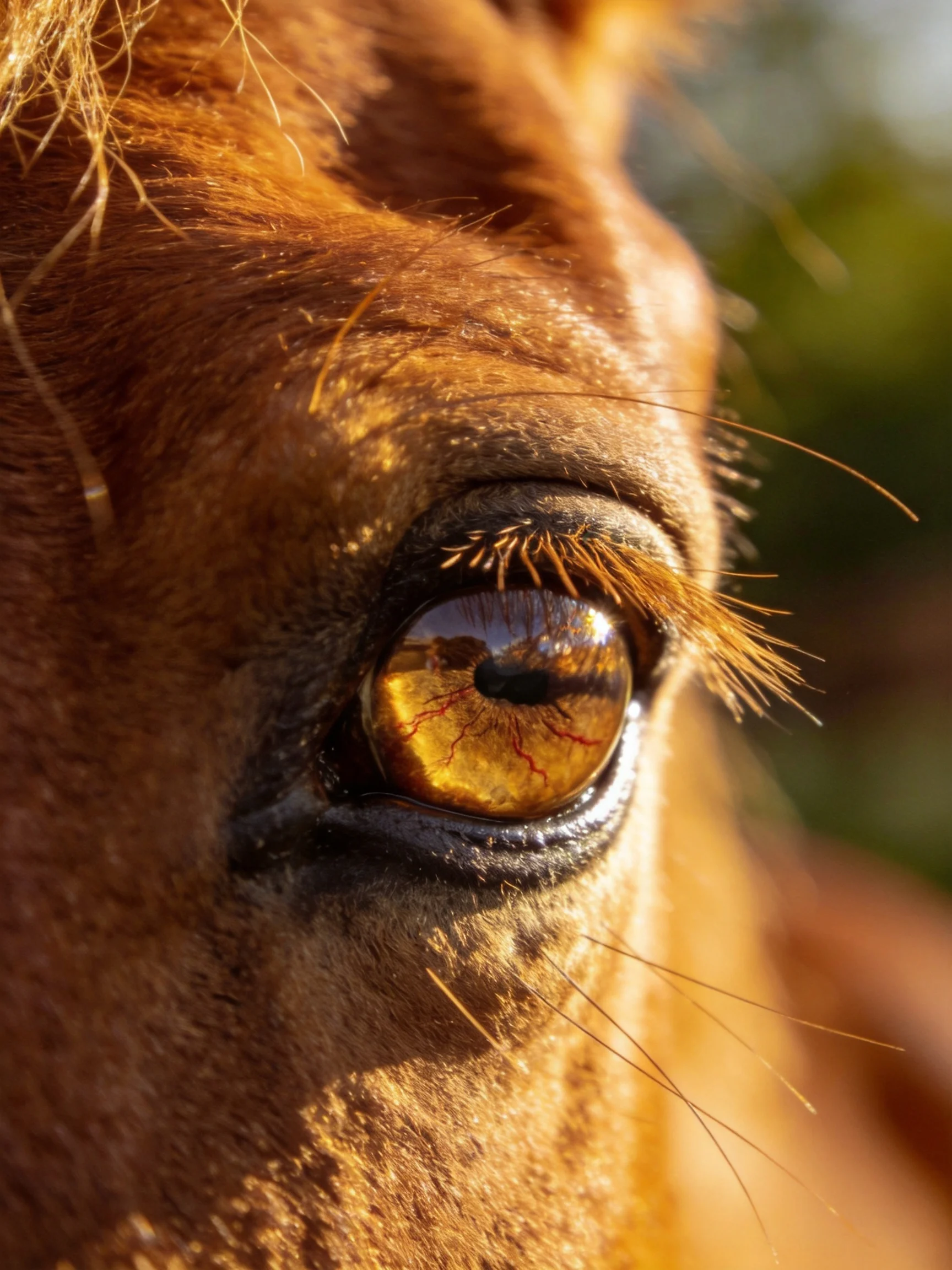 Close - up of a horses amber eye with golden fur details