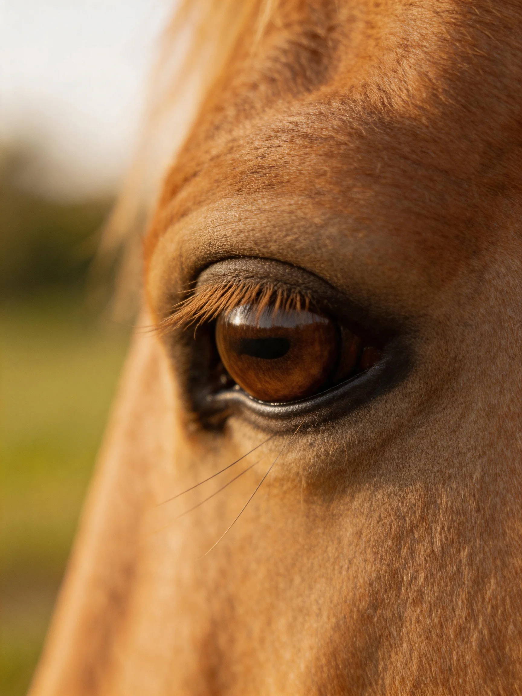 Close - up of a horses amber eye with smooth brown fur