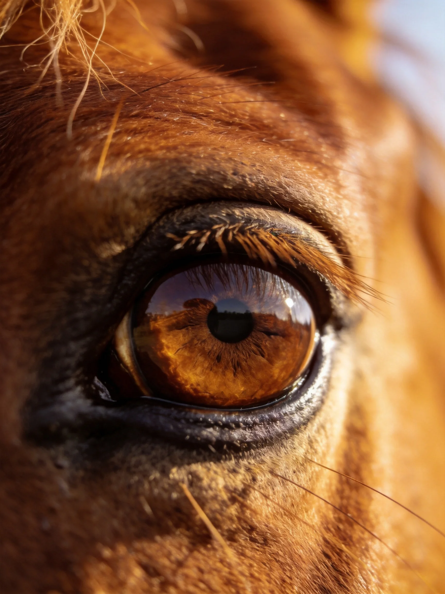 Close - up of a horses amber eye with textured brown fur
