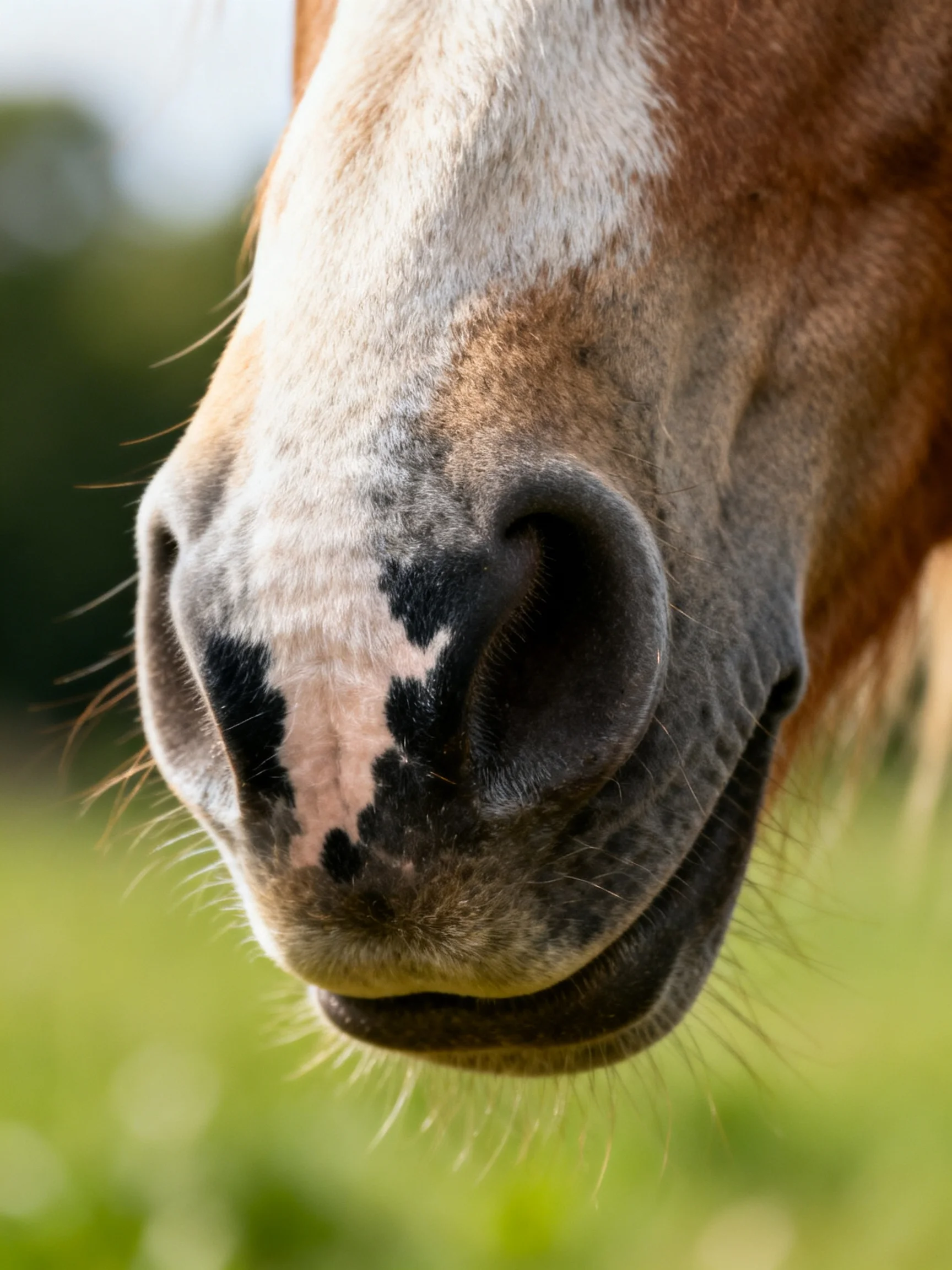 Close - up of a horses nose with brown, white, and black markings