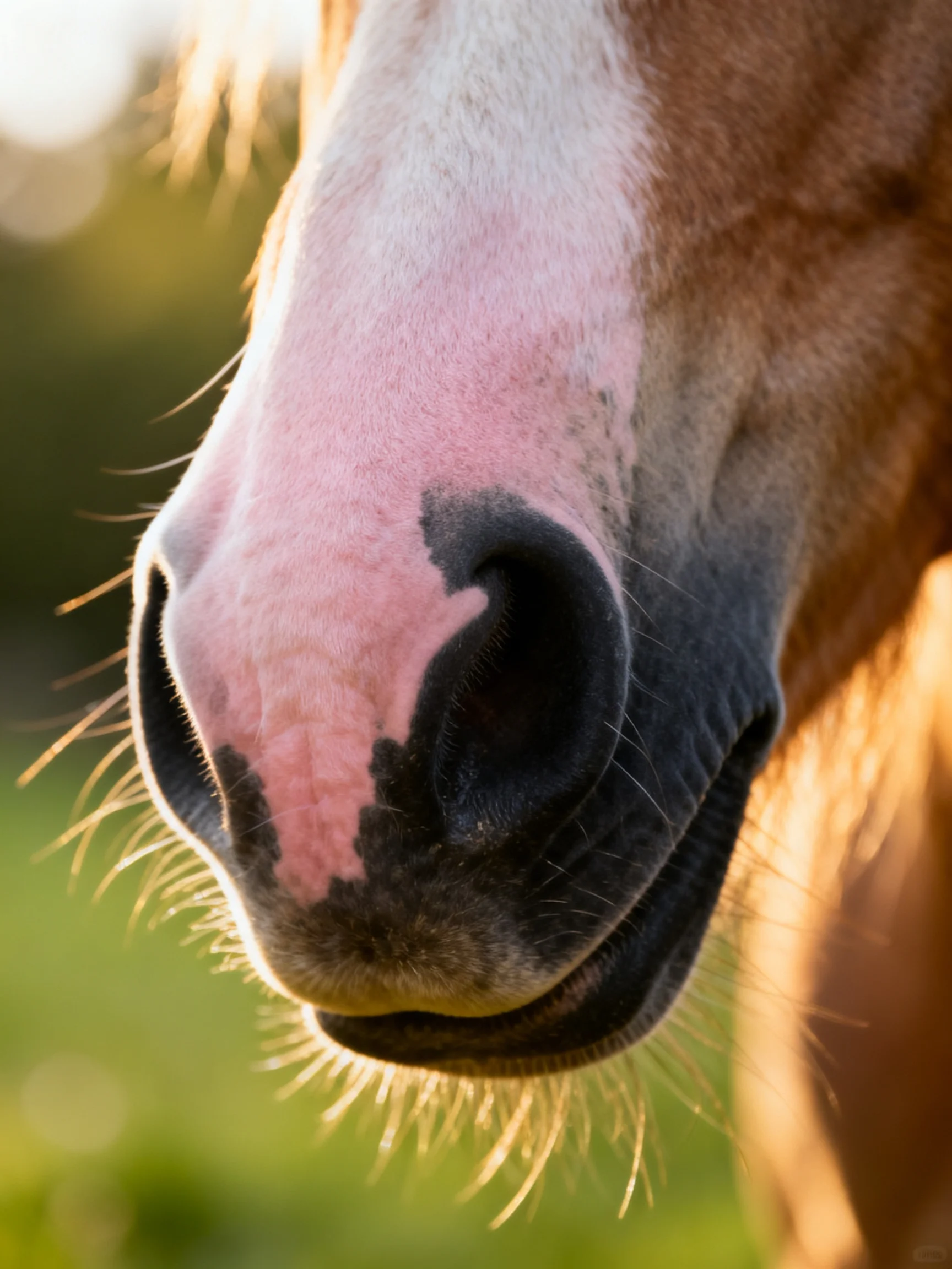 A close - up shows a horses nose with pink and black areas under golden light.
