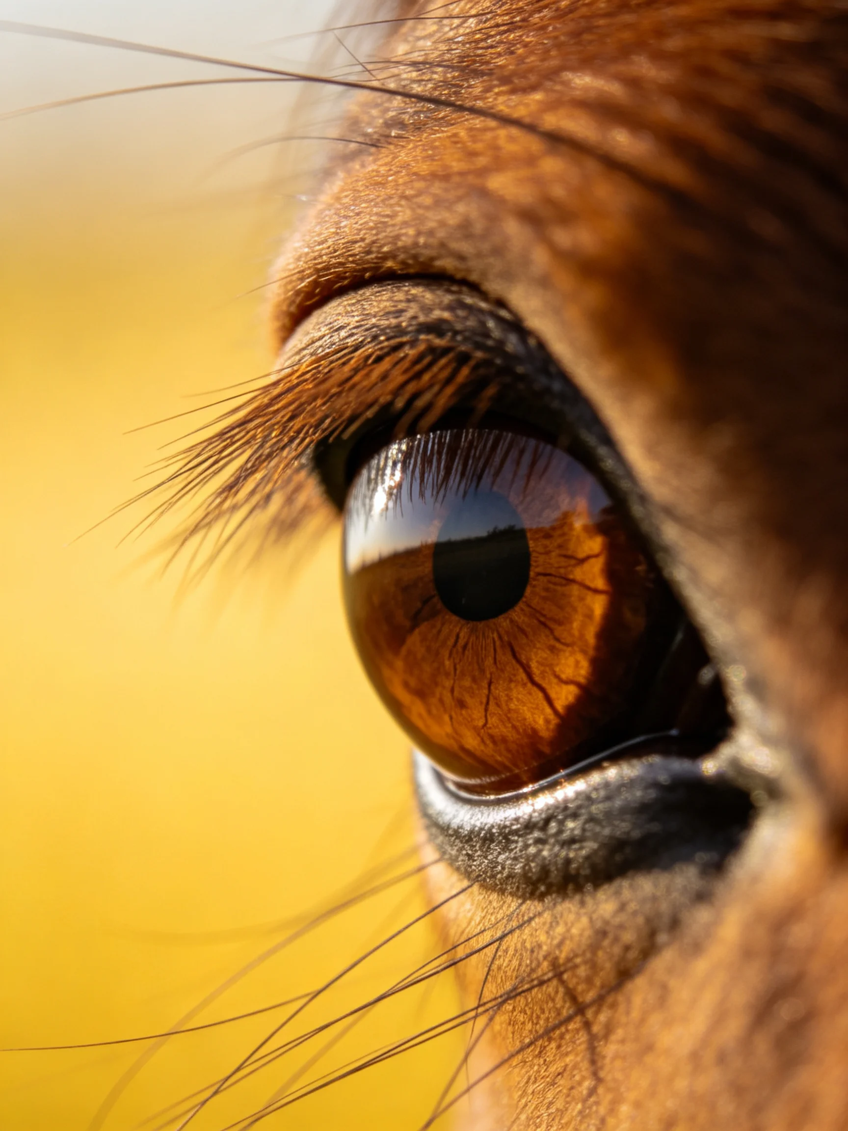 Close - up of a horses rich amber eye with dark eyelashes
