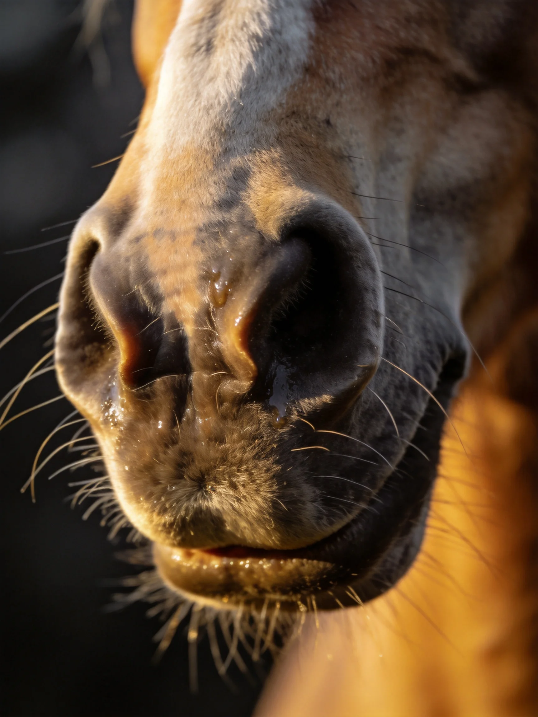 Close - up of a horses wet, textured brown nose with golden lighting