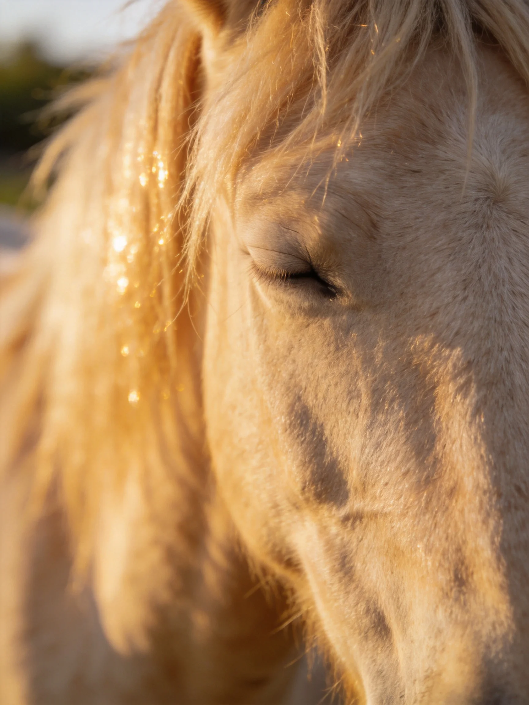 A close - up of a light - colored horse with closed eyes, lit by golden sunlight.