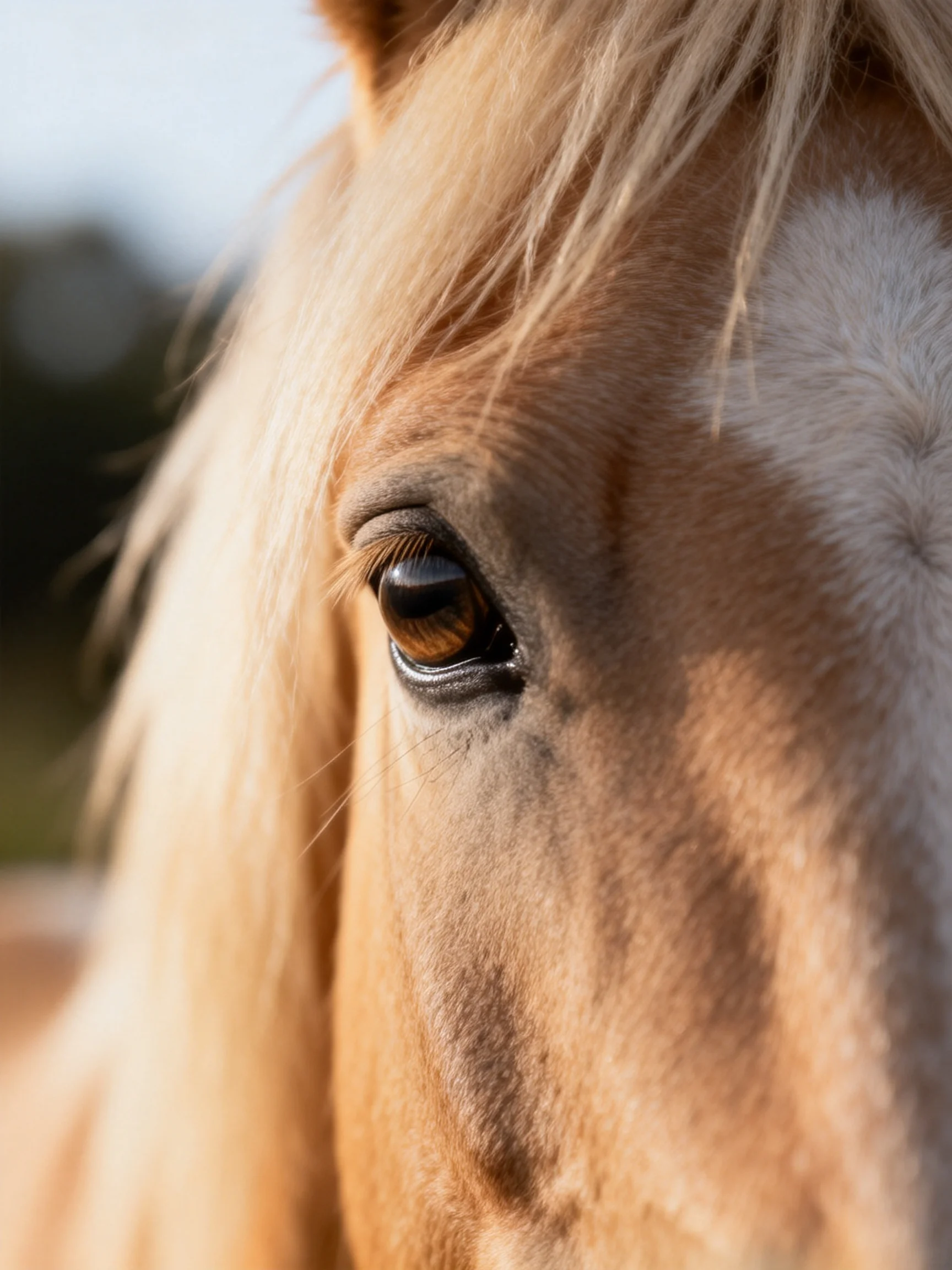 Close - up of a palomino horse’s face with golden mane and brown eye