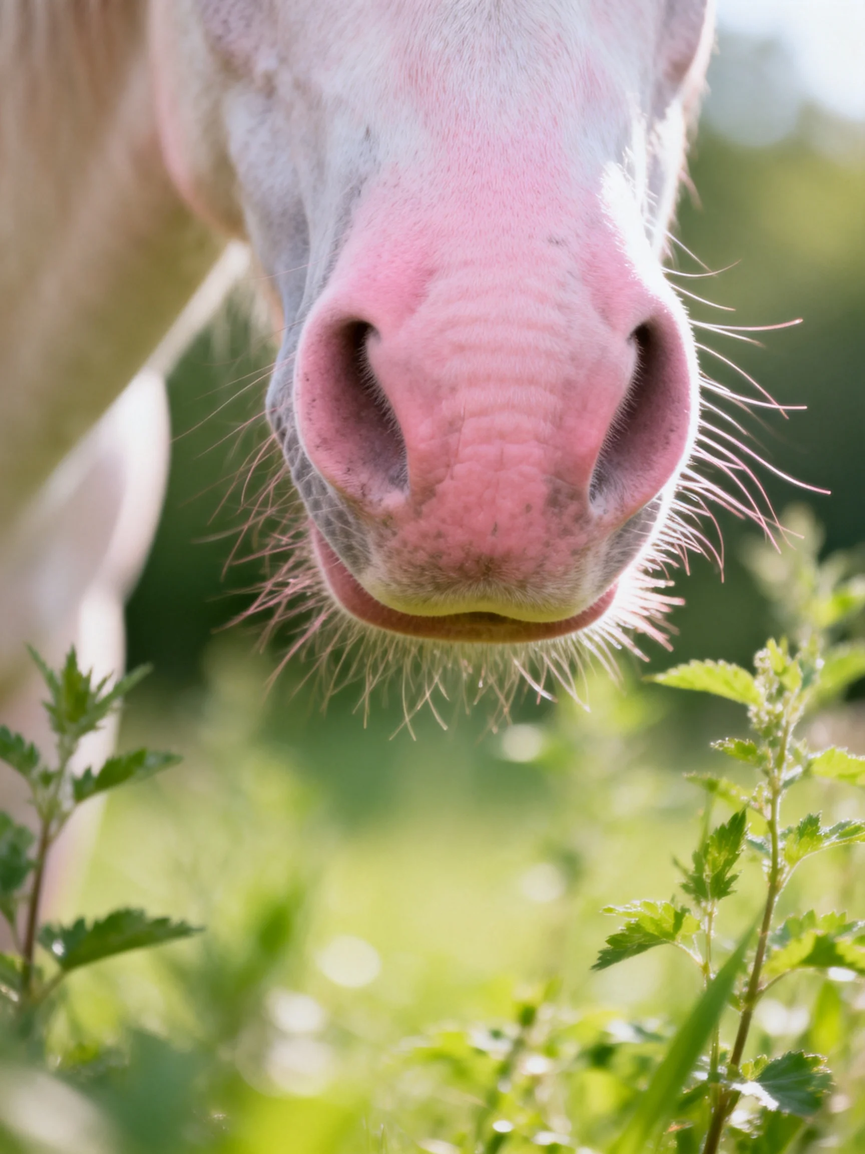 Close - up of a pink horse’s nose near green vegetation