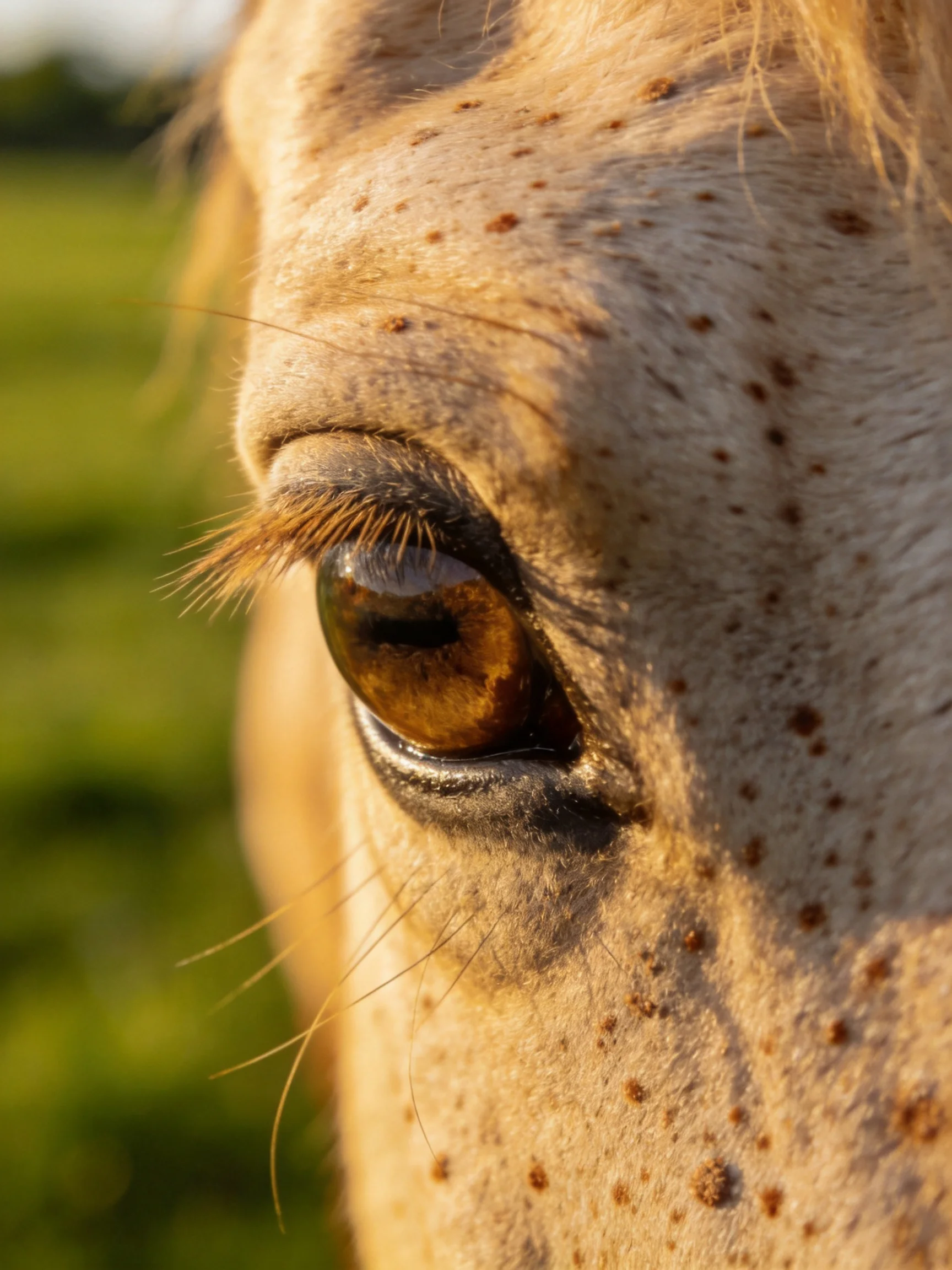 Close - up of a spotted horse’s eye with amber gaze and golden light