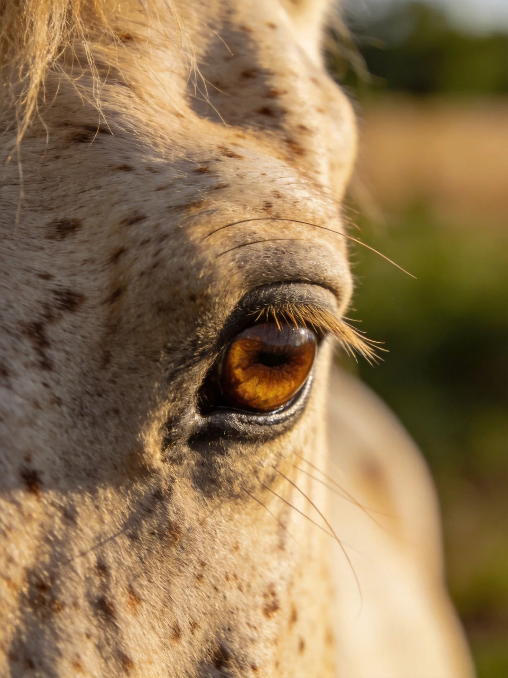 Close - up of a spotted horses amber - hued eye