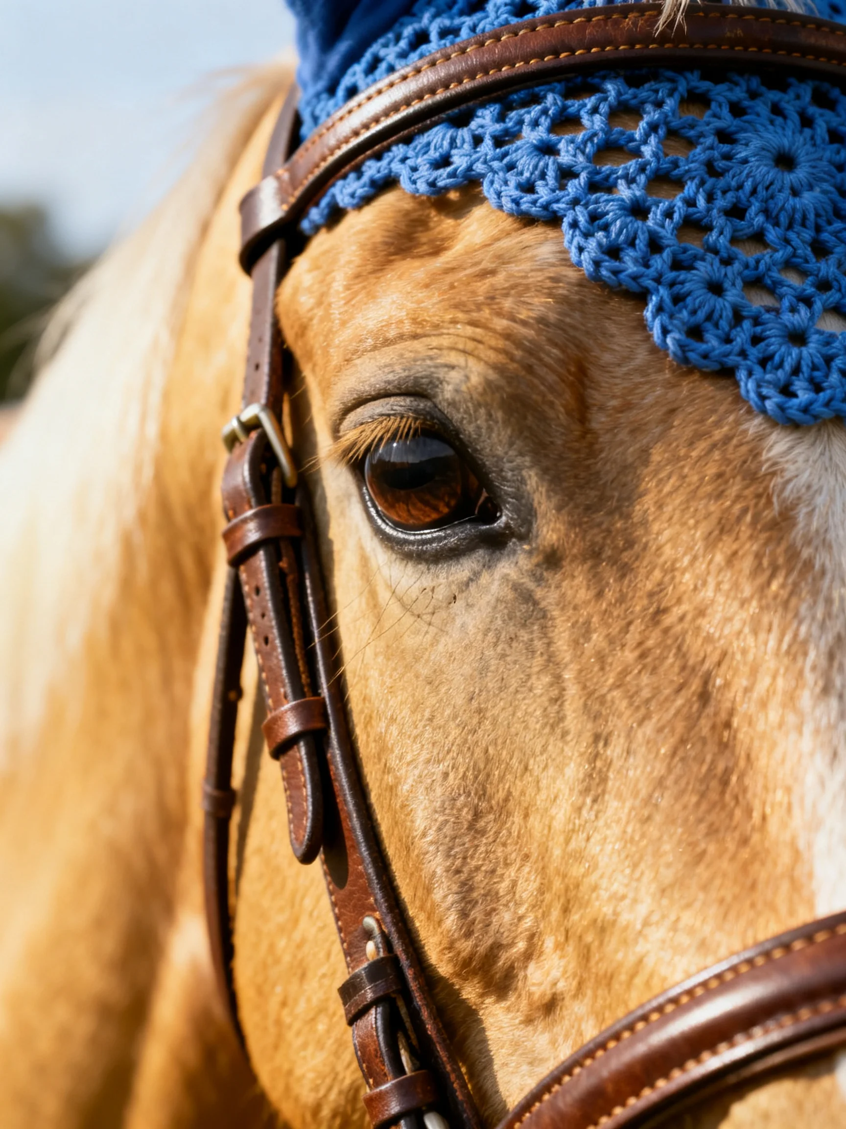 Tan horse with blue crocheted head covering shown up close.