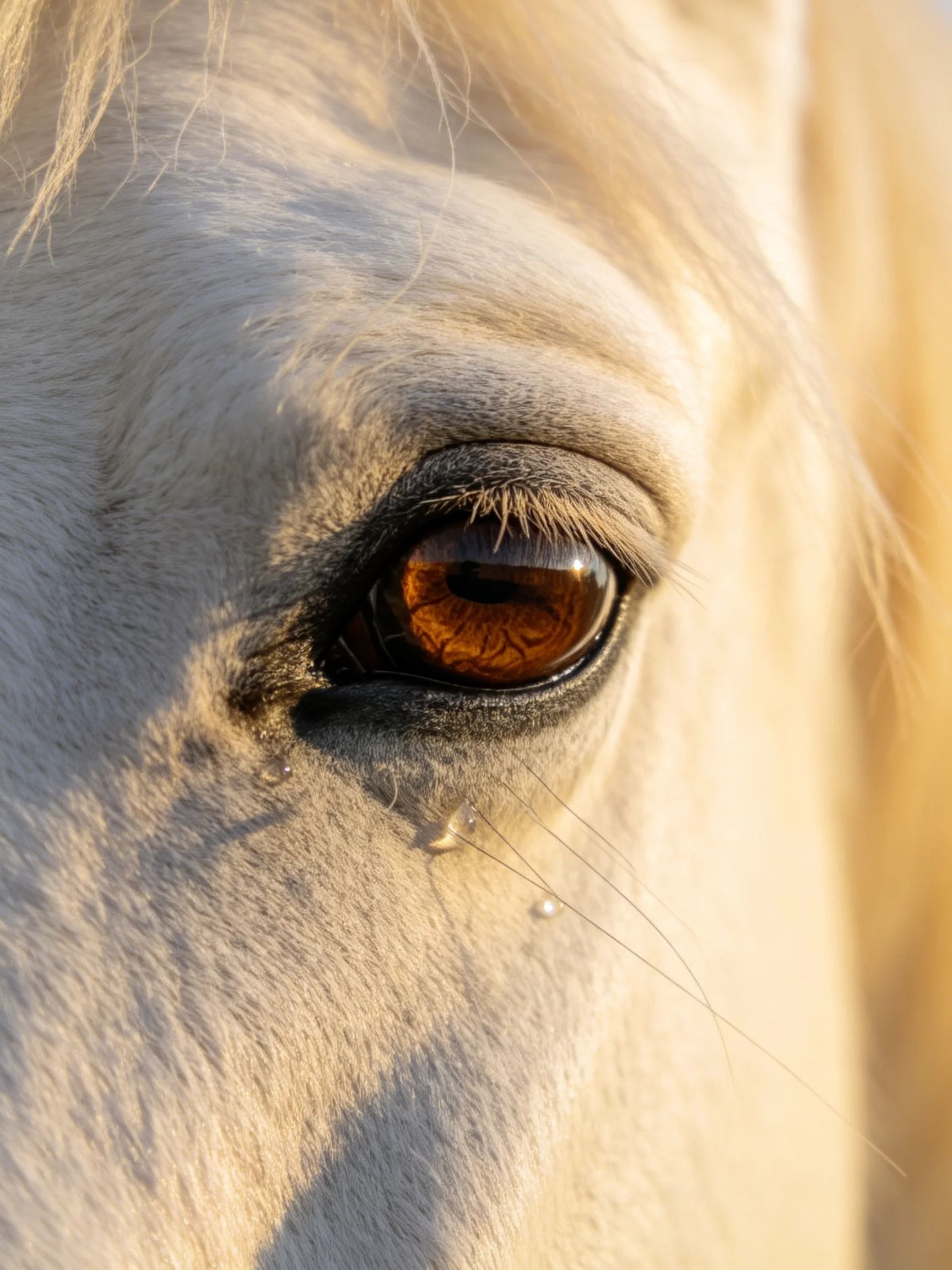 Close - up of a white horse’s amber - toned eye with soft lighting