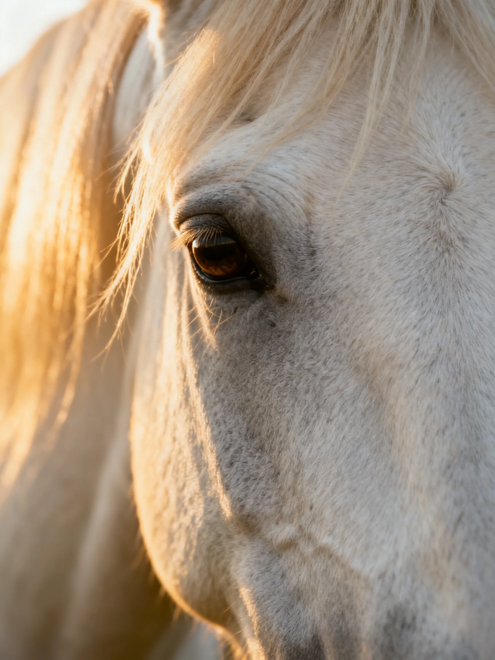 Close - up of a white horse’s face with golden sunlight on its fur