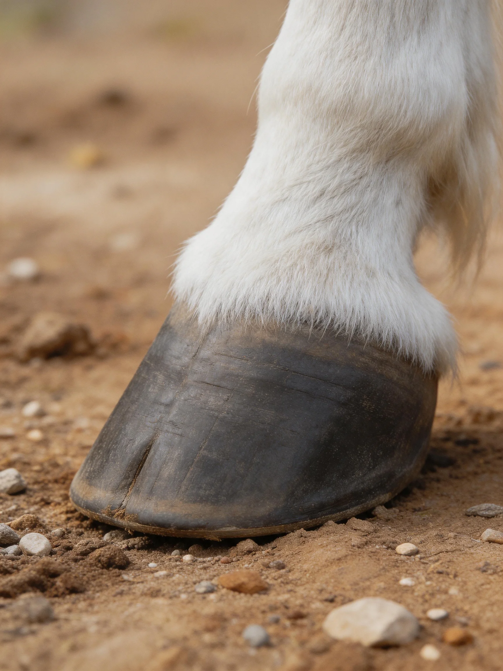 Close - up of a white horse’s hoof on sandy ground