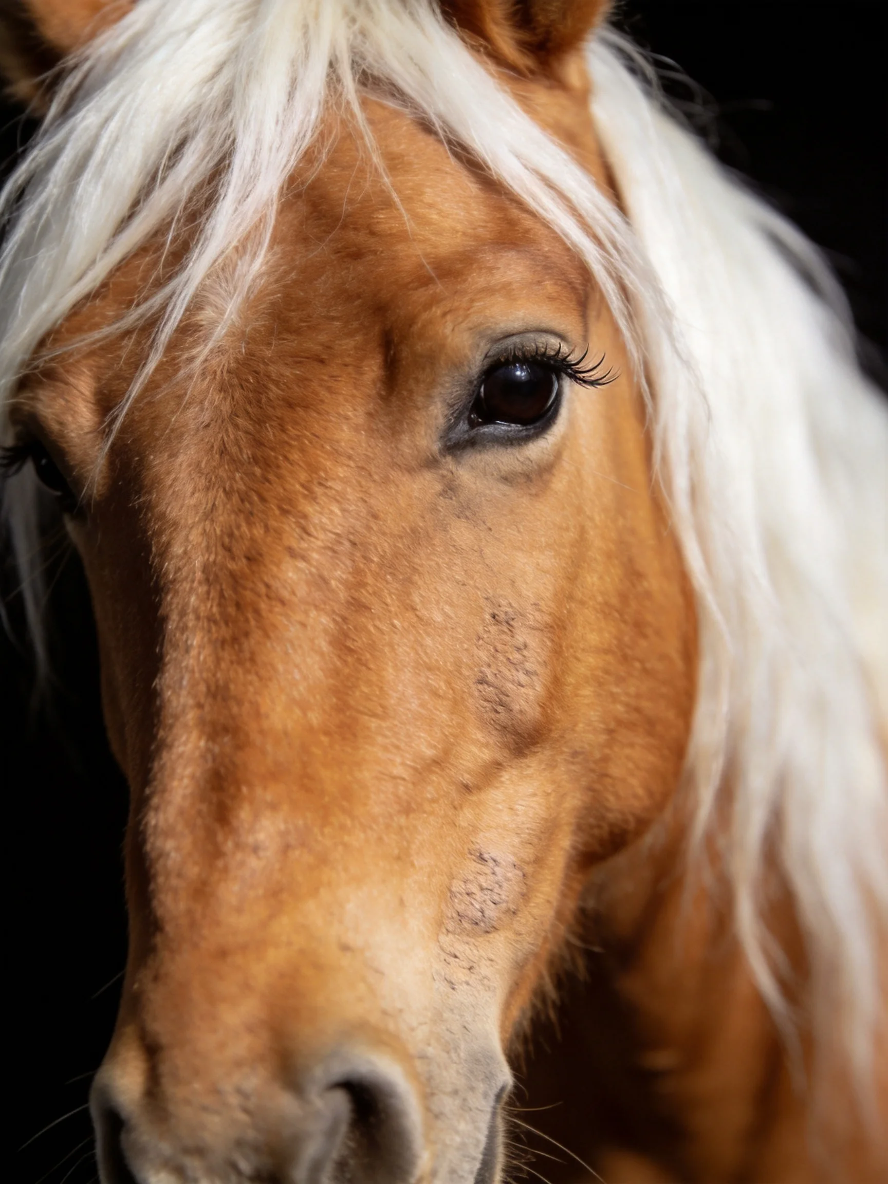 Close - up portrait of a brown horse with flowing white mane