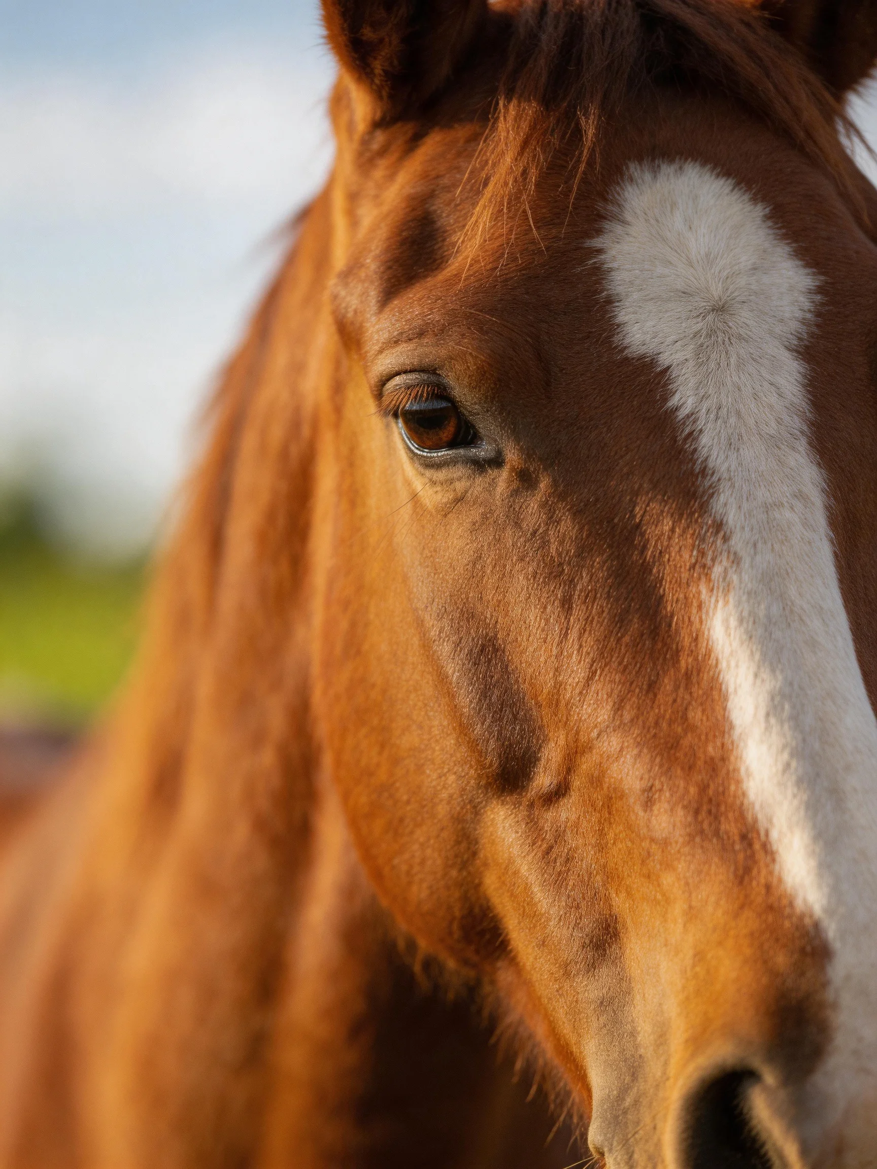 Close - up portrait of a chestnut horse with a bold white facial stripe