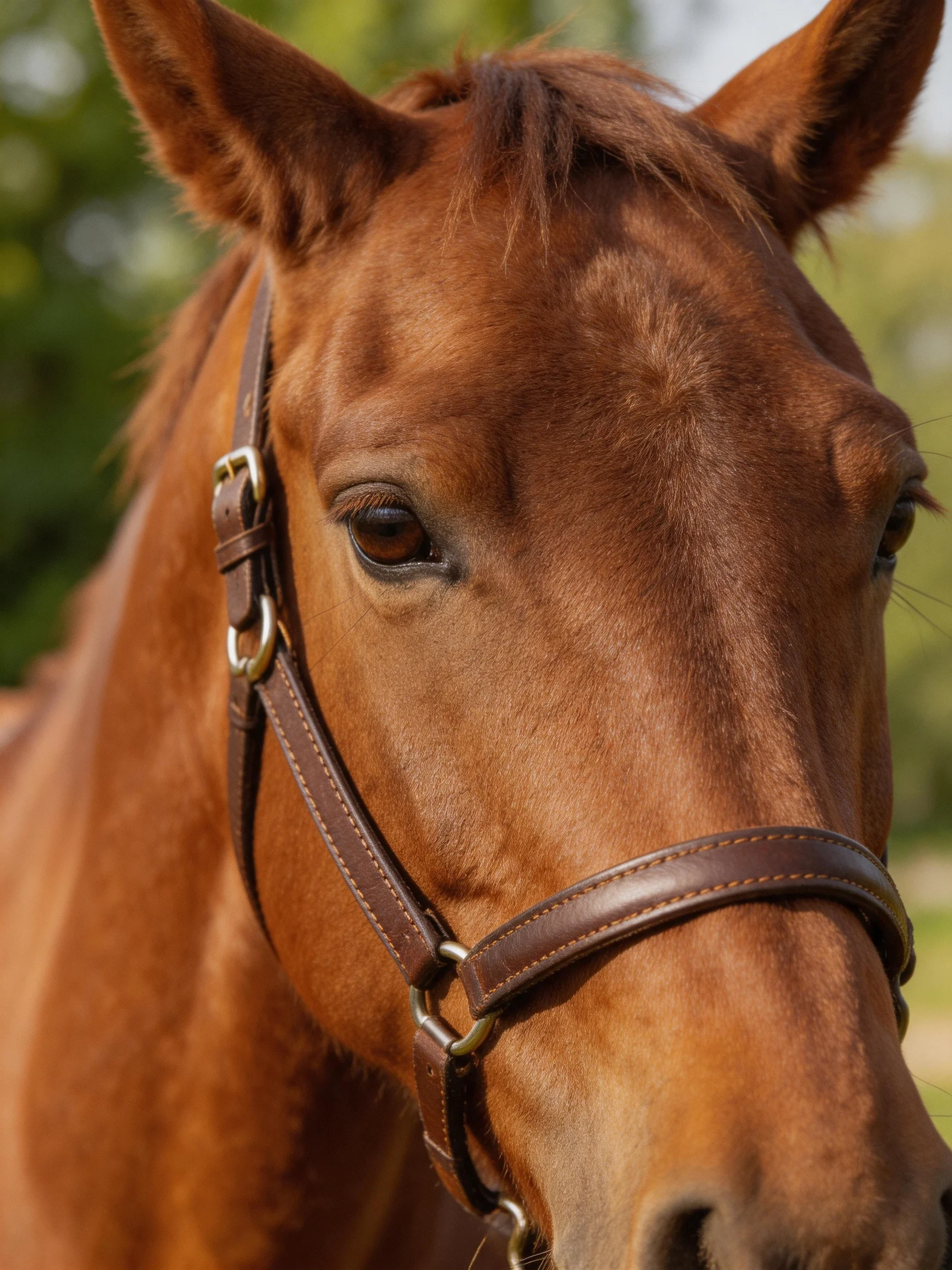 A chestnut horse with a brown halter is shown in an outdoor setting.
