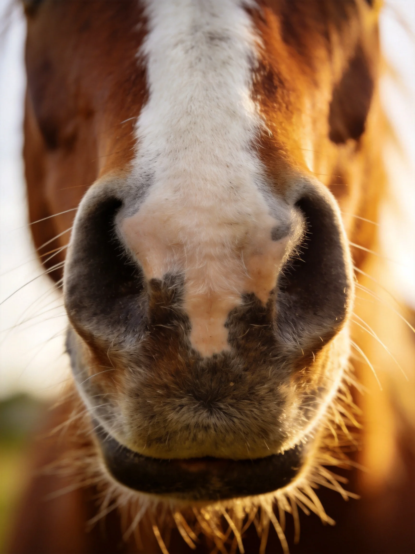 Close - up view of a brown and white horses muzzle with distinct features