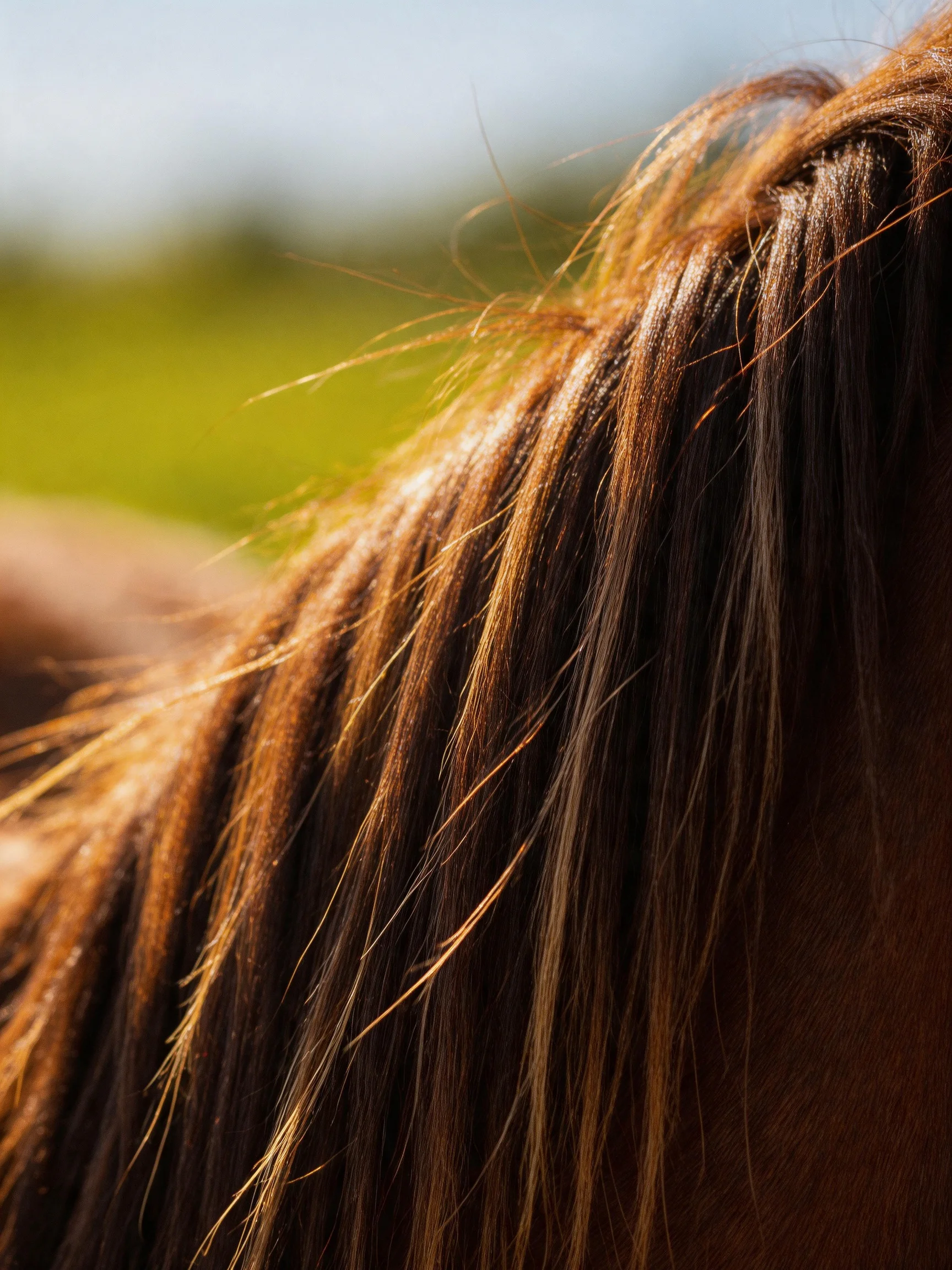 Close - up view of a horse’s glossy brown and golden mane under sunlight