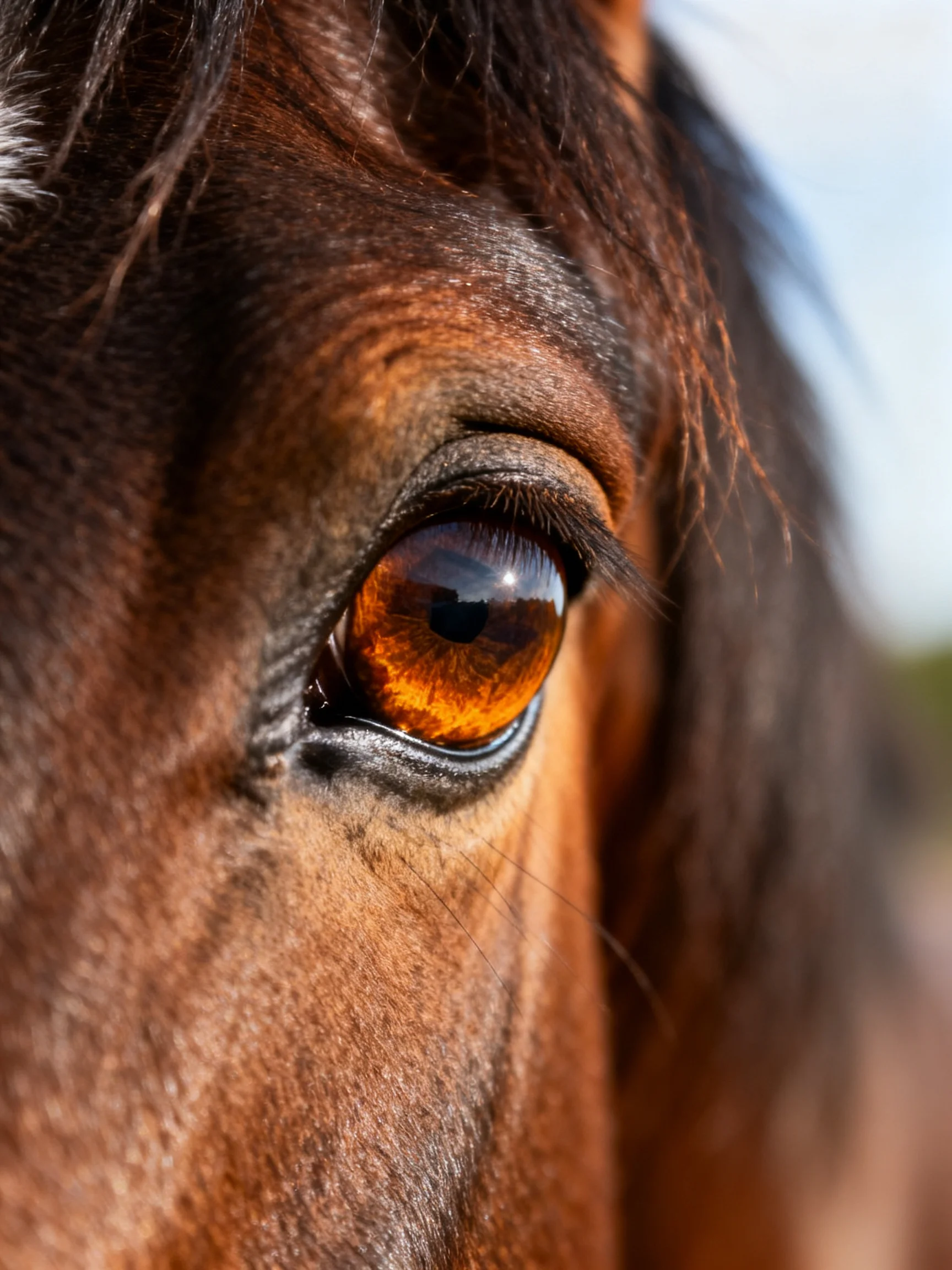Close - up view of a horses amber eye and textured brown fur