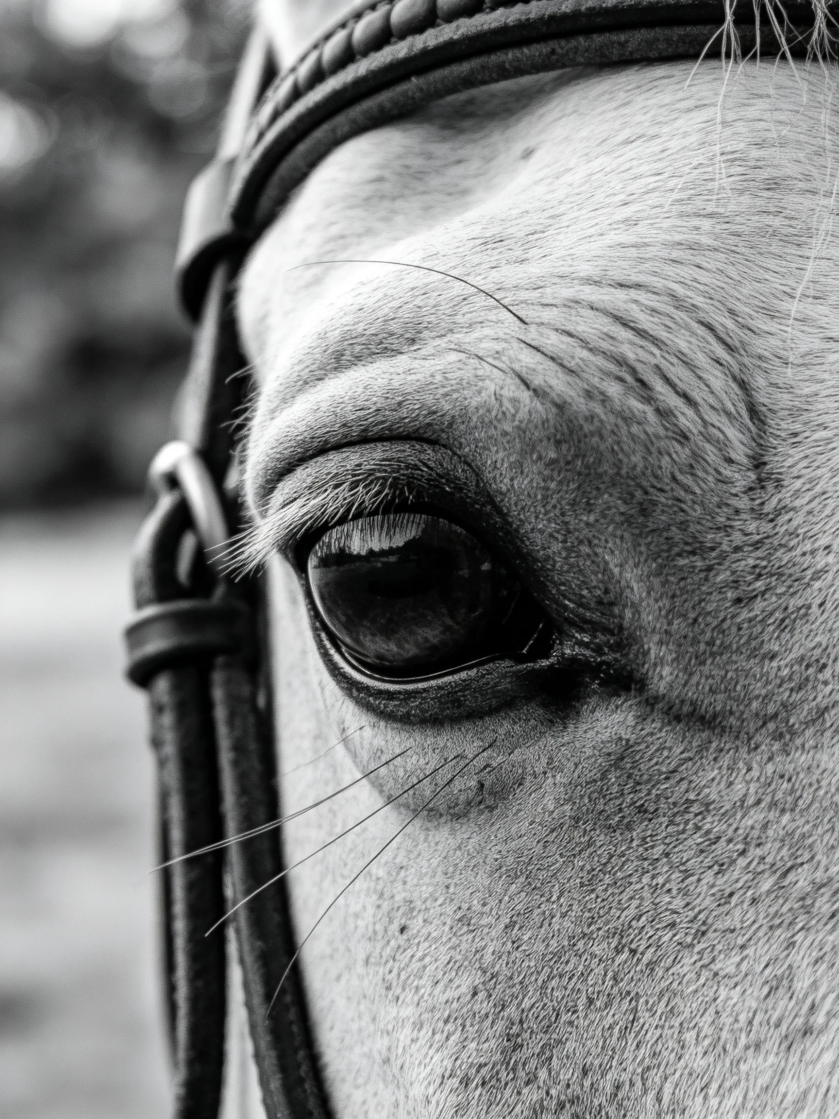 Close-up black-and-white view of a horse’s eye with bridle straps