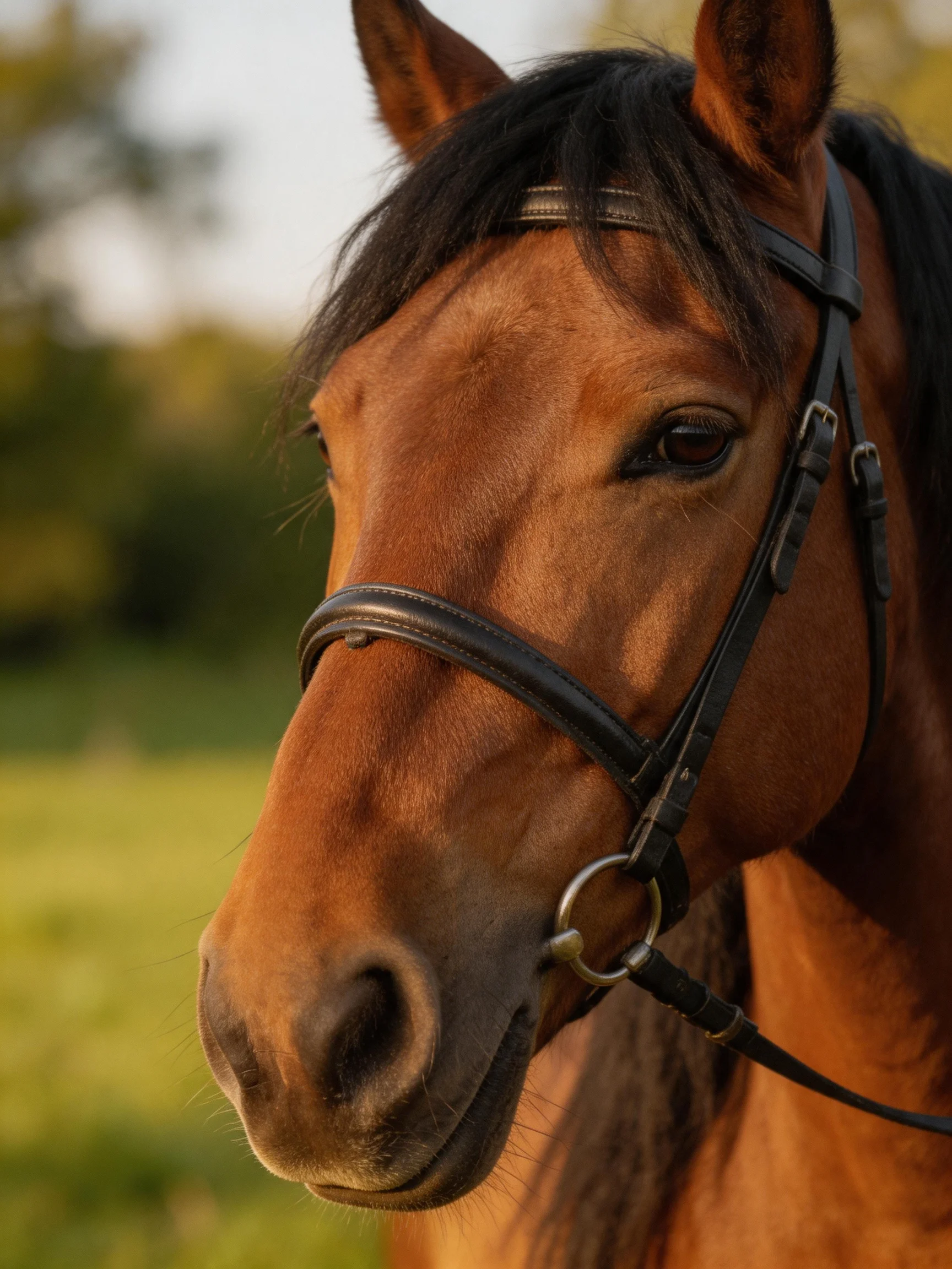 Close-up of a chestnut horse with a black bridle in a sunny field.