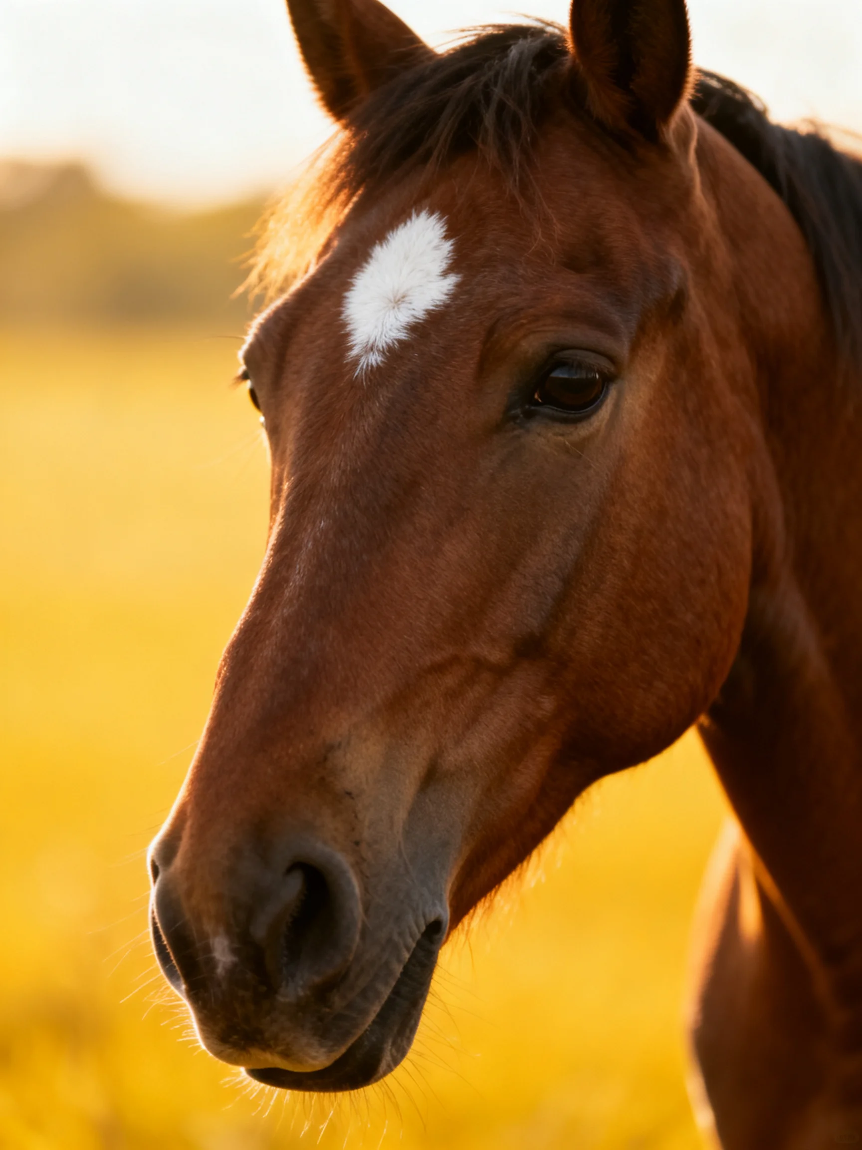 A brown horse with a white blaze is shown up close near a golden field.