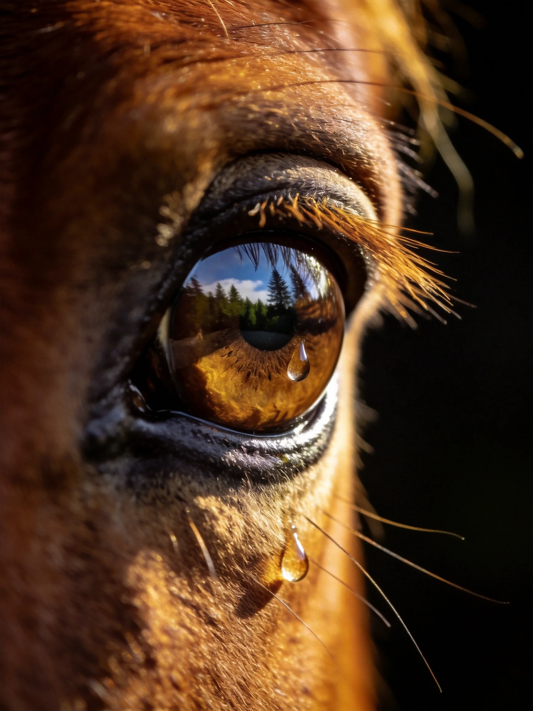 Close-up of a brown horse’s eye reflecting forest scenery