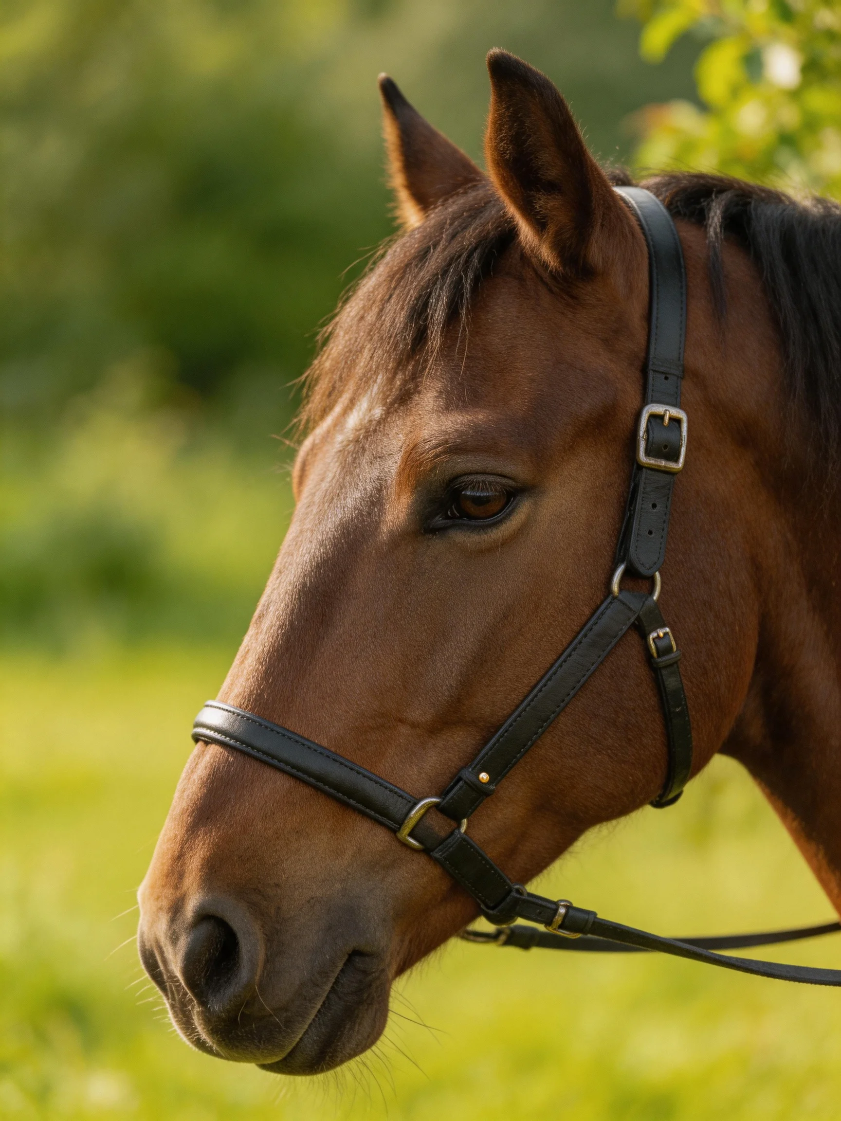A chestnut horse with a black bridle stands calmly in a sunlit green field.