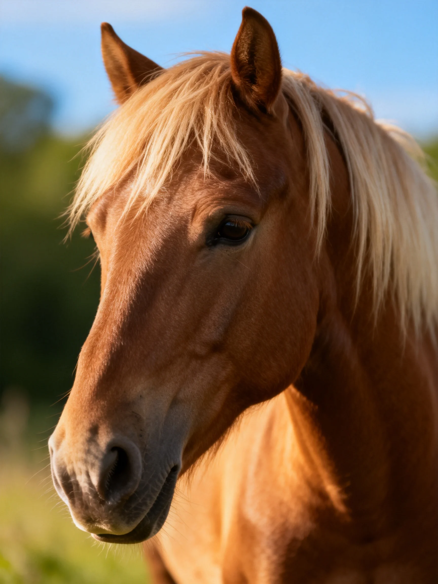 A chestnut horse with a blonde mane is shown in a sunlit outdoor setting.
