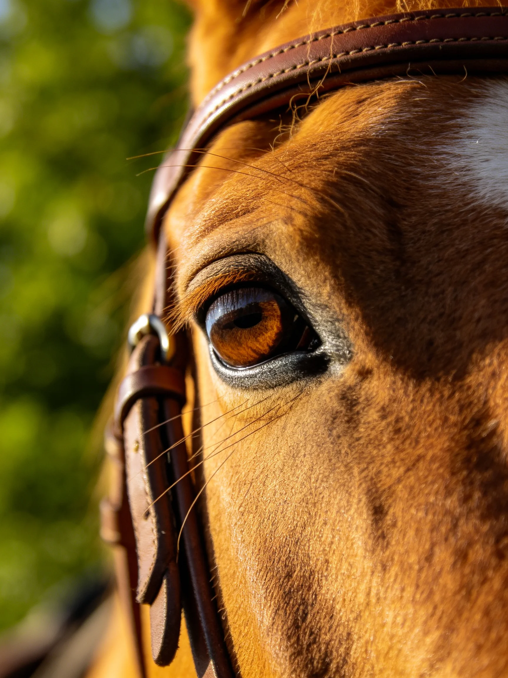 A chestnut horses eye is shown up close with a brown bridle.