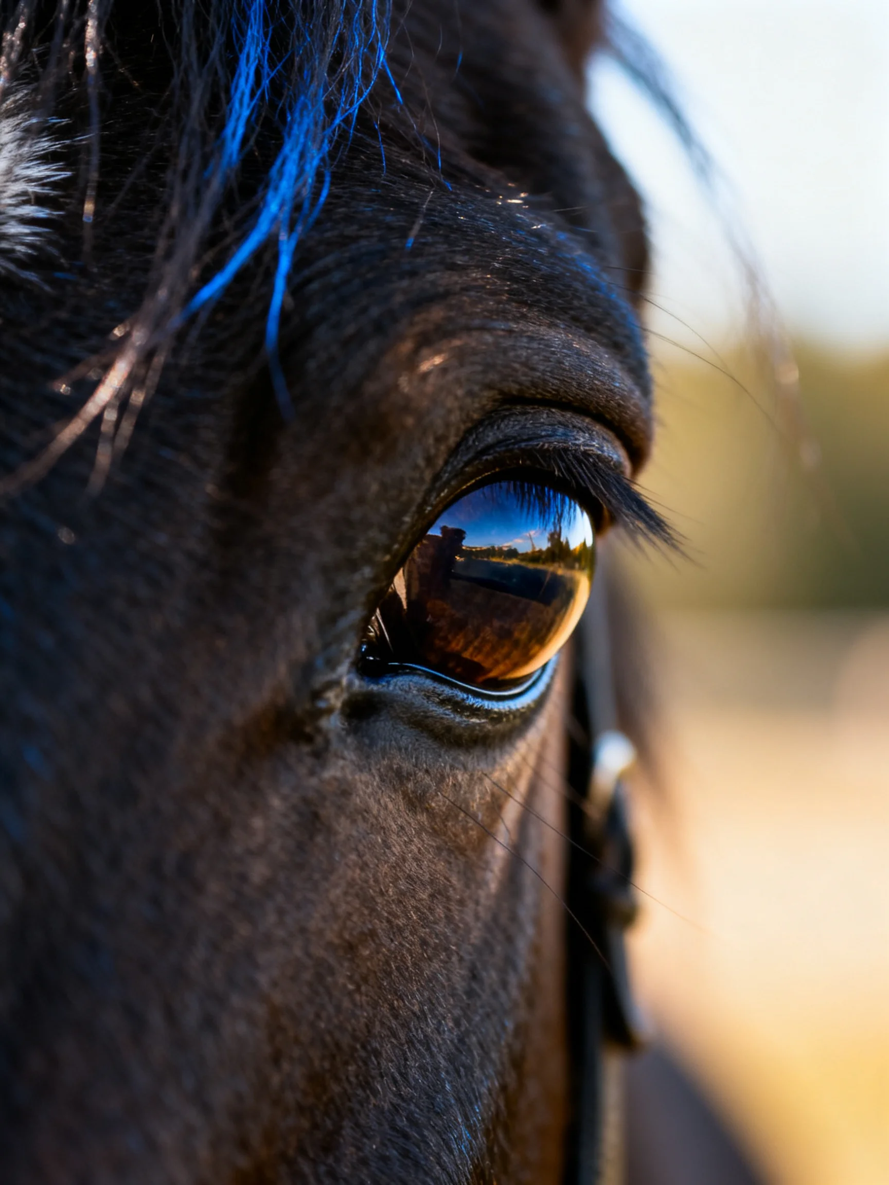 Close-up of a dark brown horse’s eye with blue mane strands